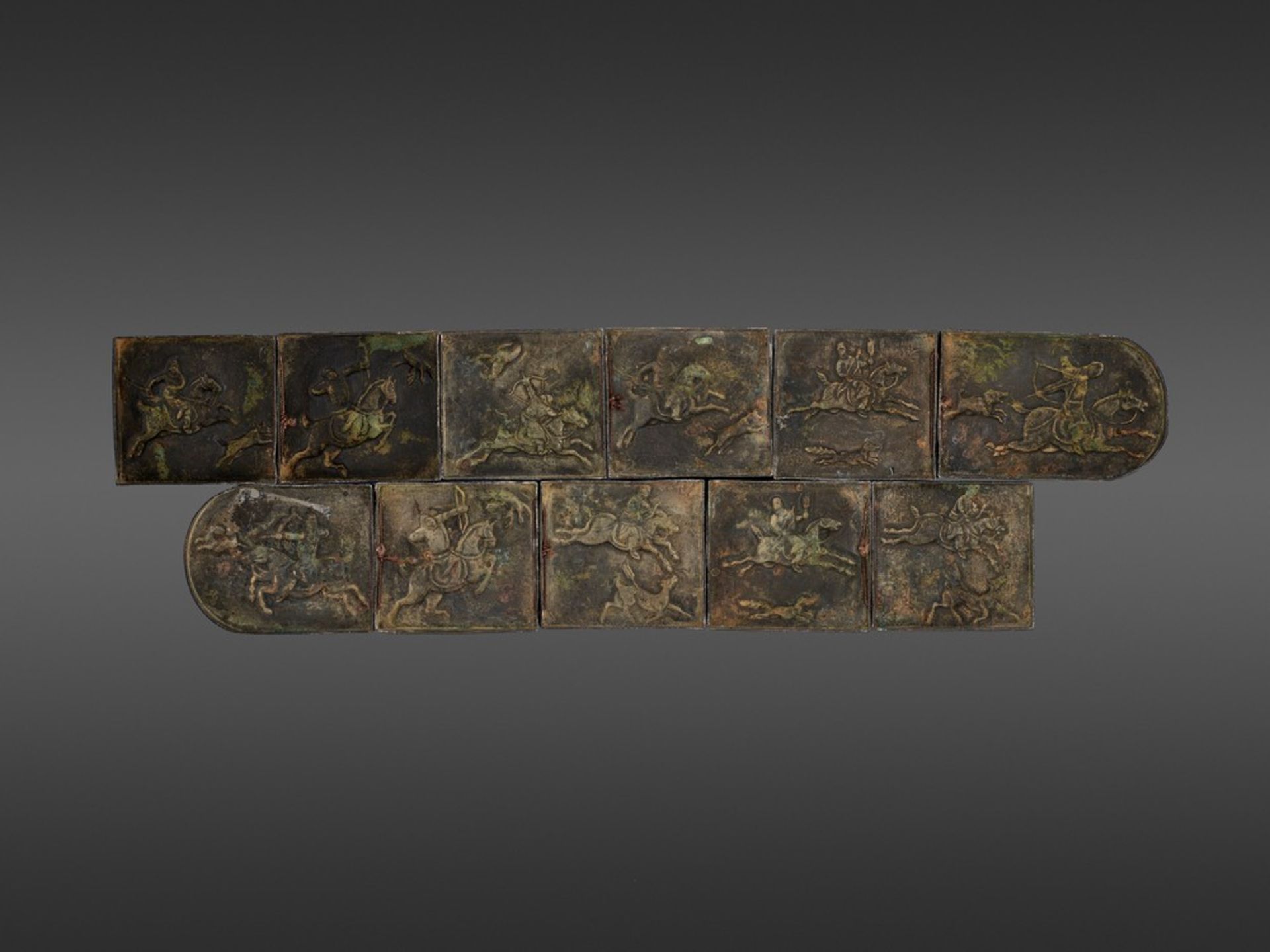 A RARE ‘HUNTING’ BELT MADE OF 11 PARCEL-GILT BRONZE PLAQUES <br - Image 5 of 5