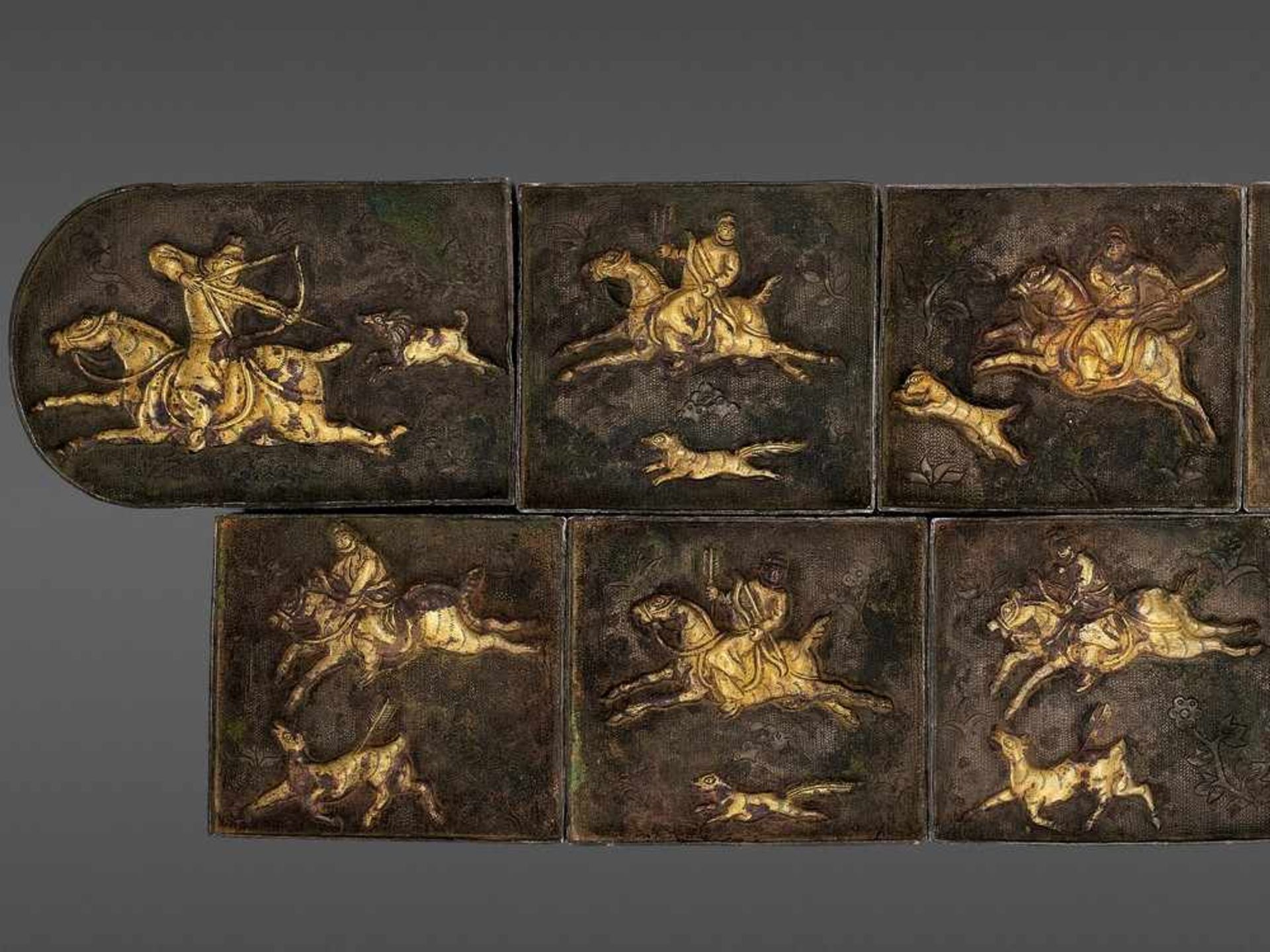 A RARE ‘HUNTING’ BELT MADE OF 11 PARCEL-GILT BRONZE PLAQUES <br - Image 2 of 5