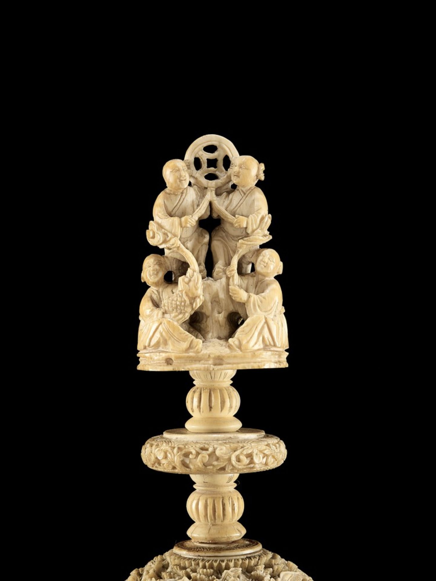 A CANTON SCHOOL 'MAGIC' IVORY BALL ON A TALL STAND, QING DYNASTY - Image 3 of 13