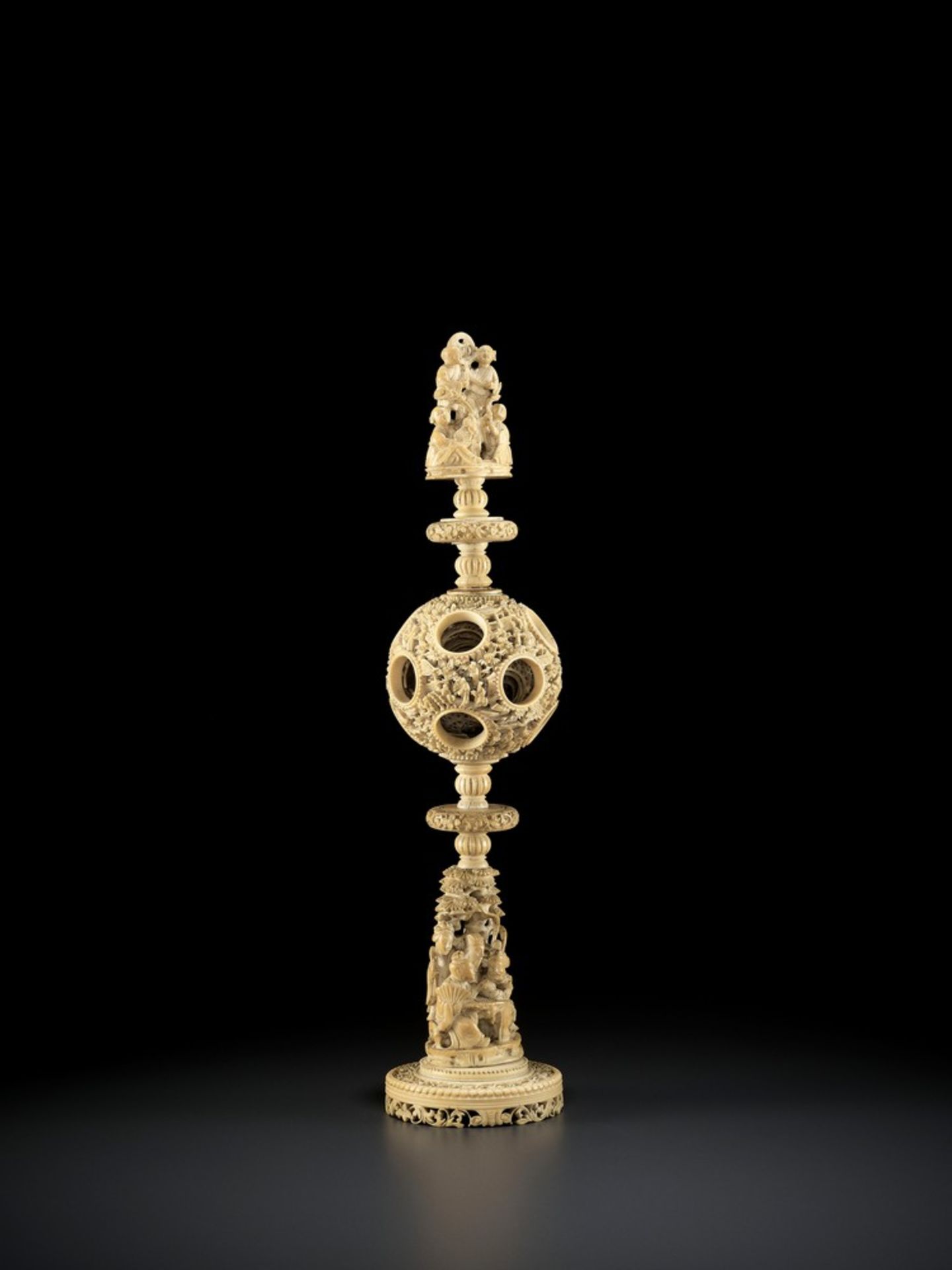 A CANTON SCHOOL 'MAGIC' IVORY BALL ON A TALL STAND, QING DYNASTY - Image 8 of 13