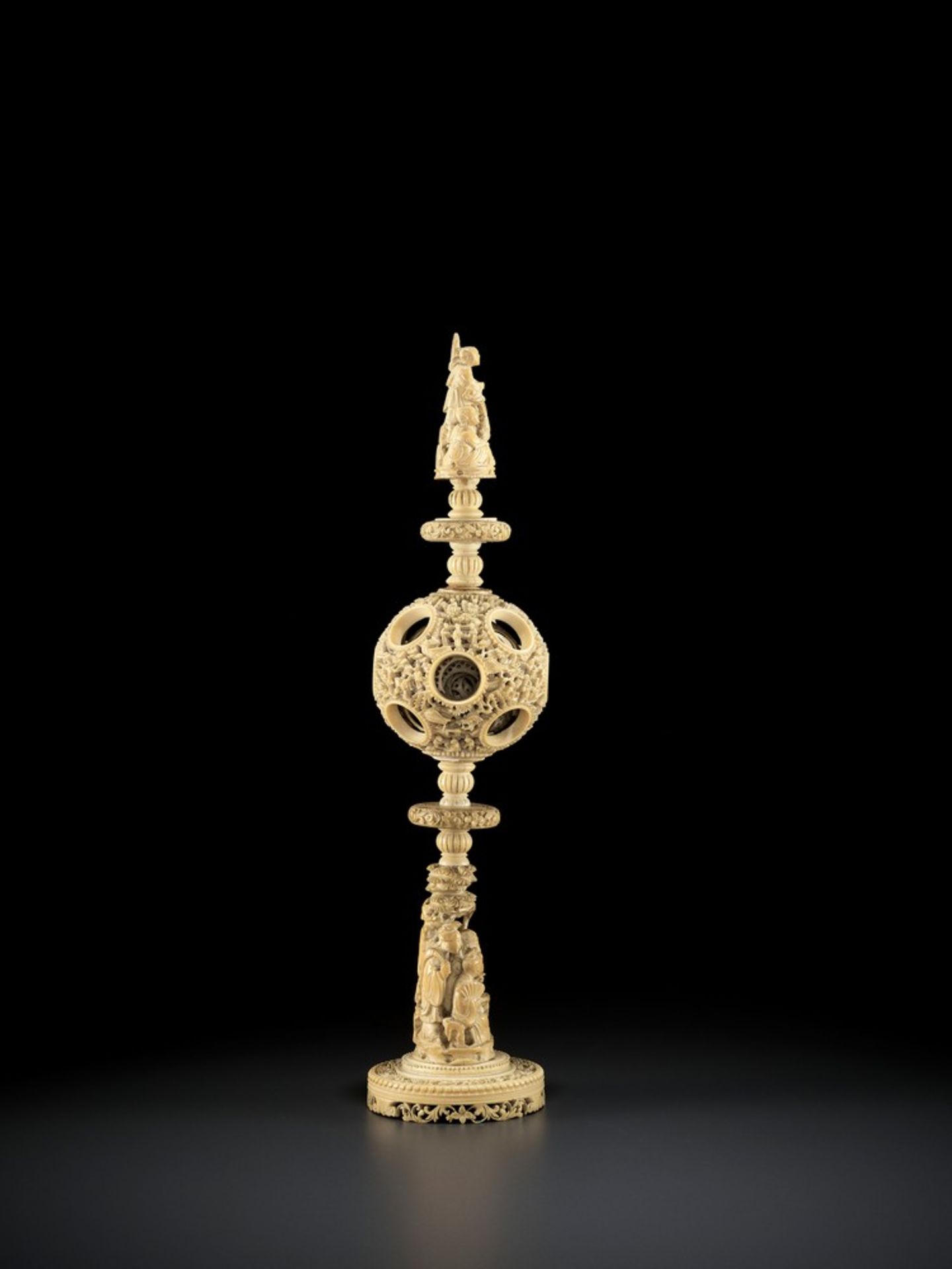 A CANTON SCHOOL 'MAGIC' IVORY BALL ON A TALL STAND, QING DYNASTY - Image 7 of 13