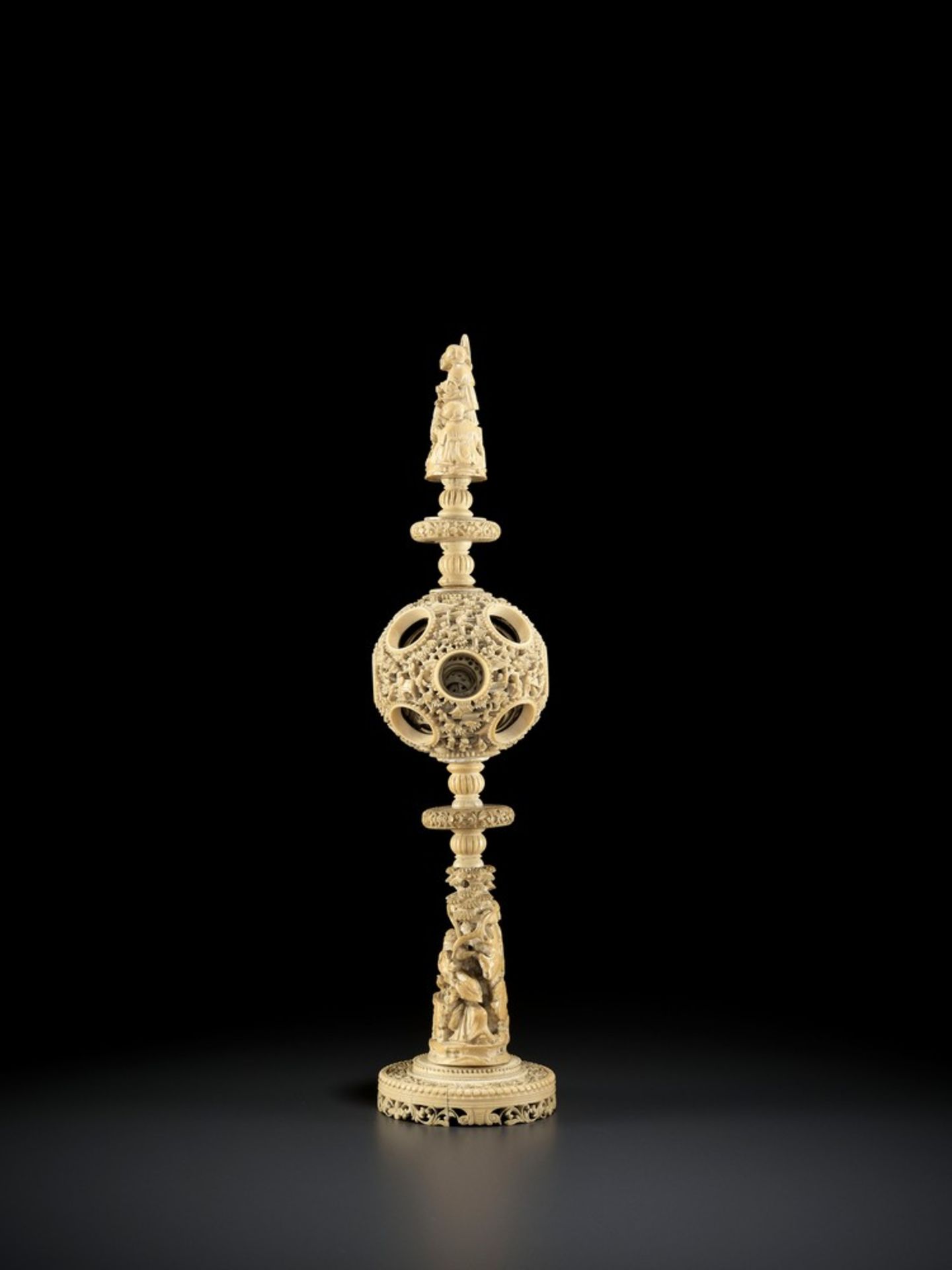 A CANTON SCHOOL 'MAGIC' IVORY BALL ON A TALL STAND, QING DYNASTY - Image 5 of 13