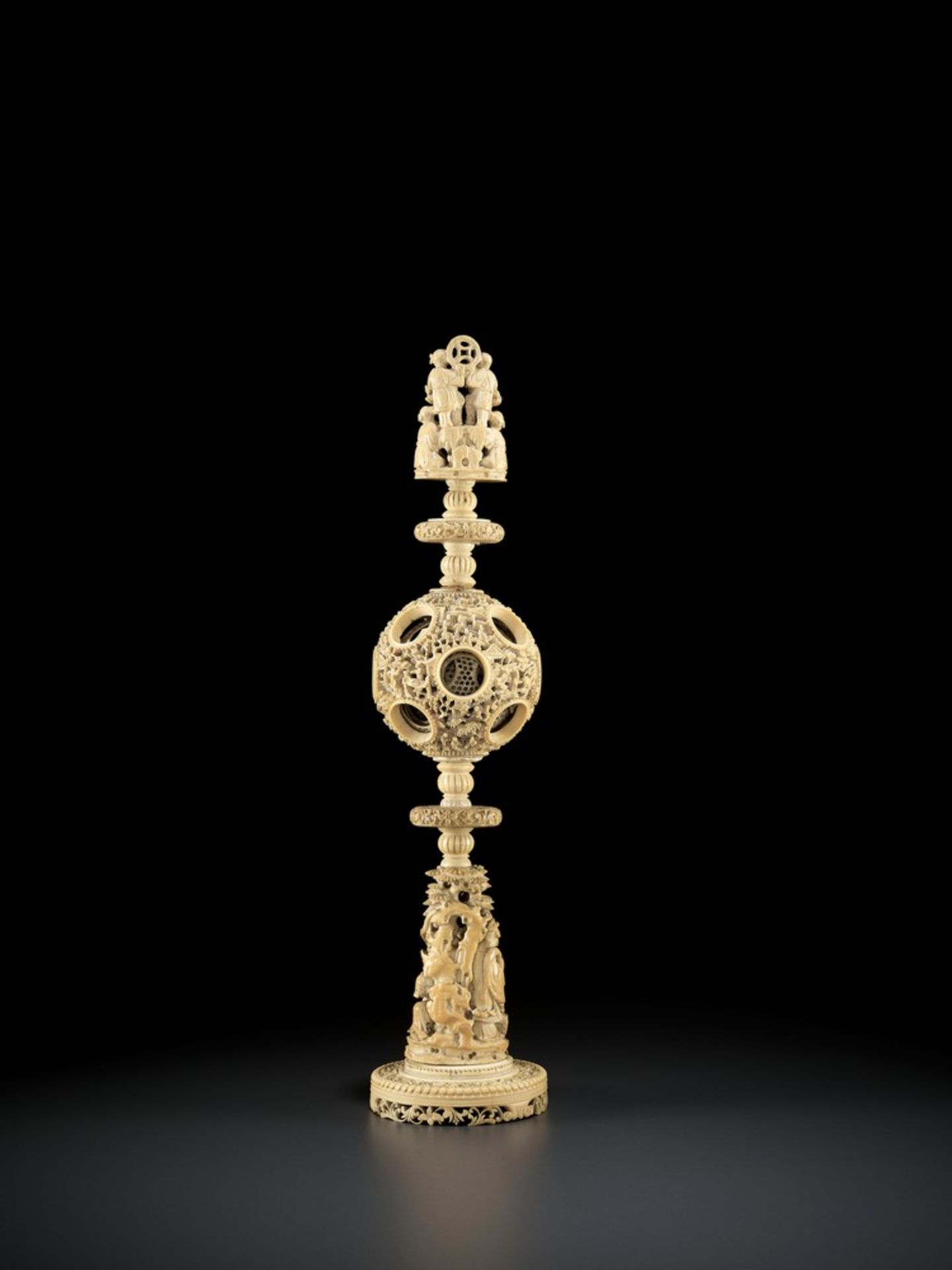 A CANTON SCHOOL 'MAGIC' IVORY BALL ON A TALL STAND, QING DYNASTY - Image 6 of 13