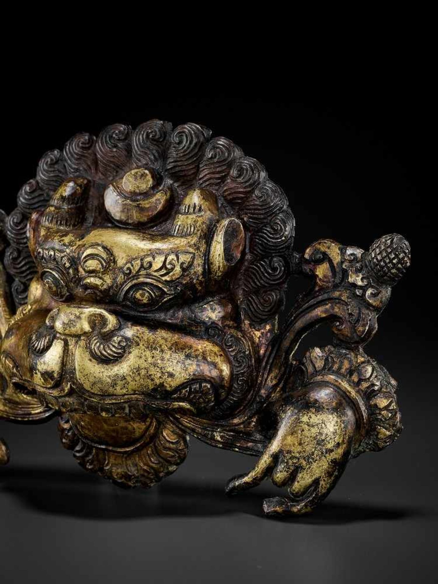 A COPPER REPOUSSÉ AND RELIEF FIGURE OF A SNOW LION DANCER, QING < - Image 4 of 8