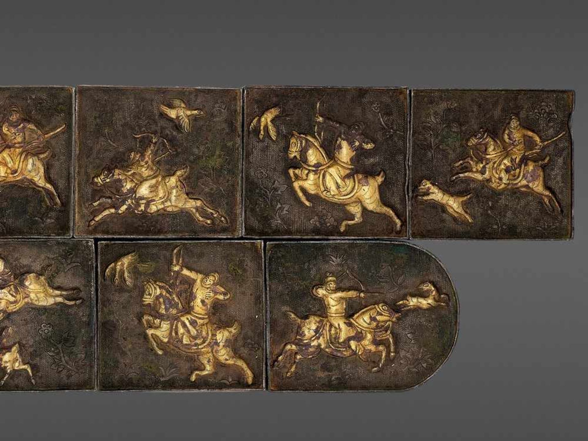 A RARE ‘HUNTING’ BELT MADE OF 11 PARCEL-GILT BRONZE PLAQUES <br - Image 3 of 5