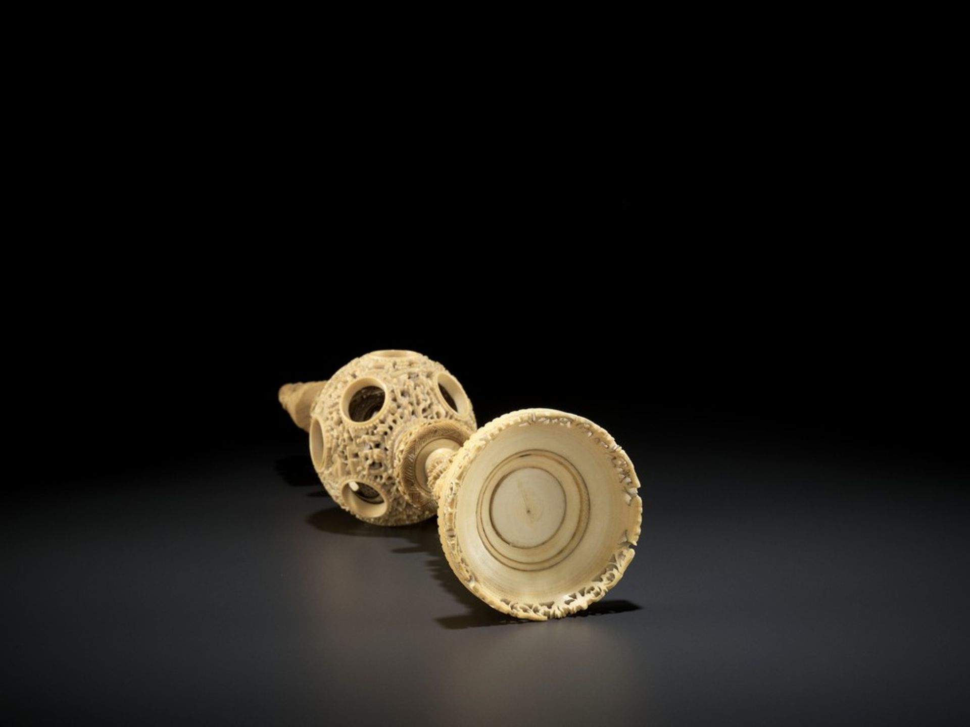 A CANTON SCHOOL 'MAGIC' IVORY BALL ON A TALL STAND, QING DYNASTY - Image 9 of 13