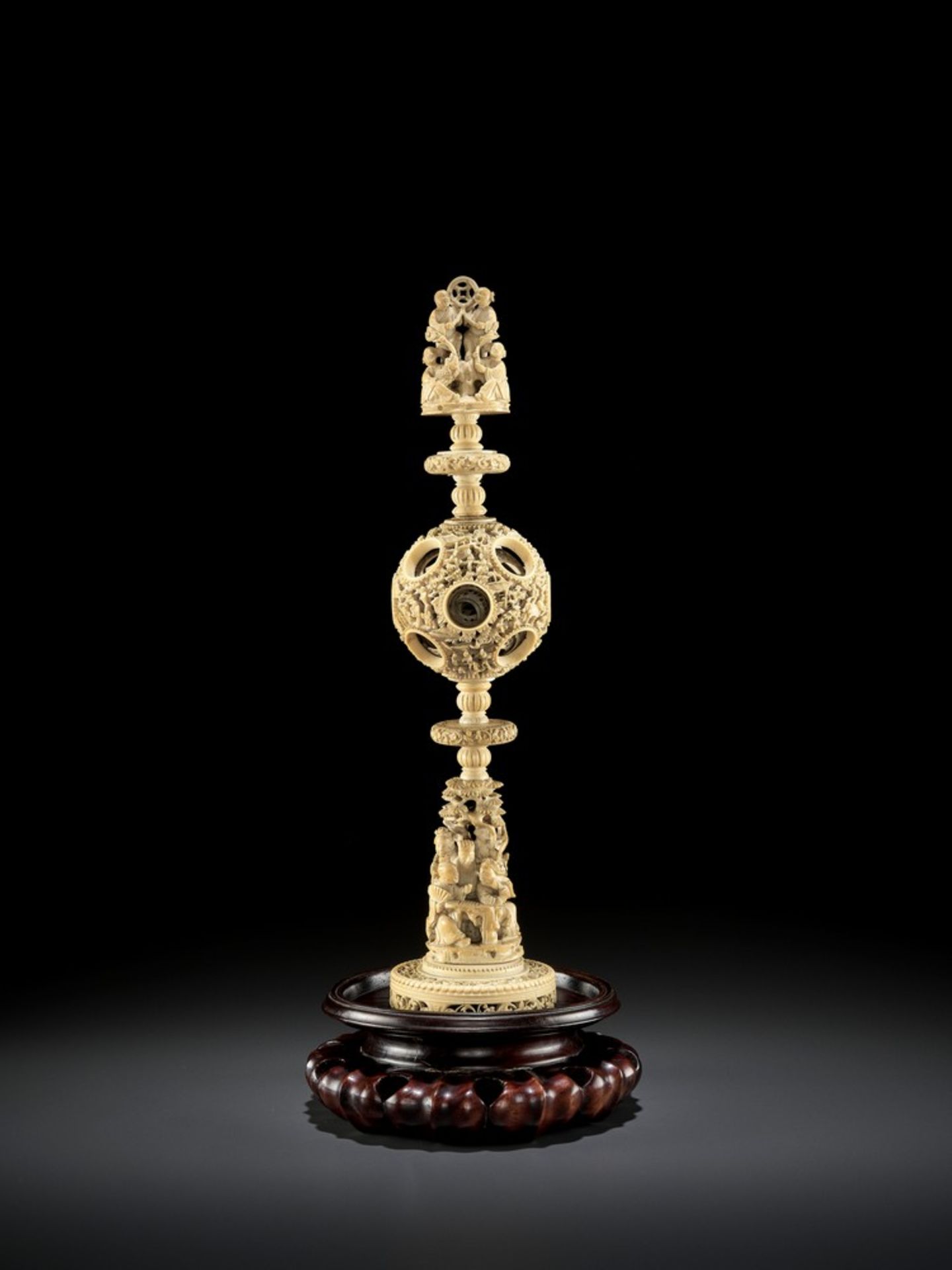 A CANTON SCHOOL 'MAGIC' IVORY BALL ON A TALL STAND, QING DYNASTY - Image 10 of 13