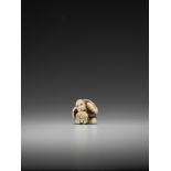 RANMEI: AN IVORY NETSUKE OF A MONKEY WITH PERSIMMON By Ranmei, signed Ranmei 蘭明Japan, Kyoto, 19th