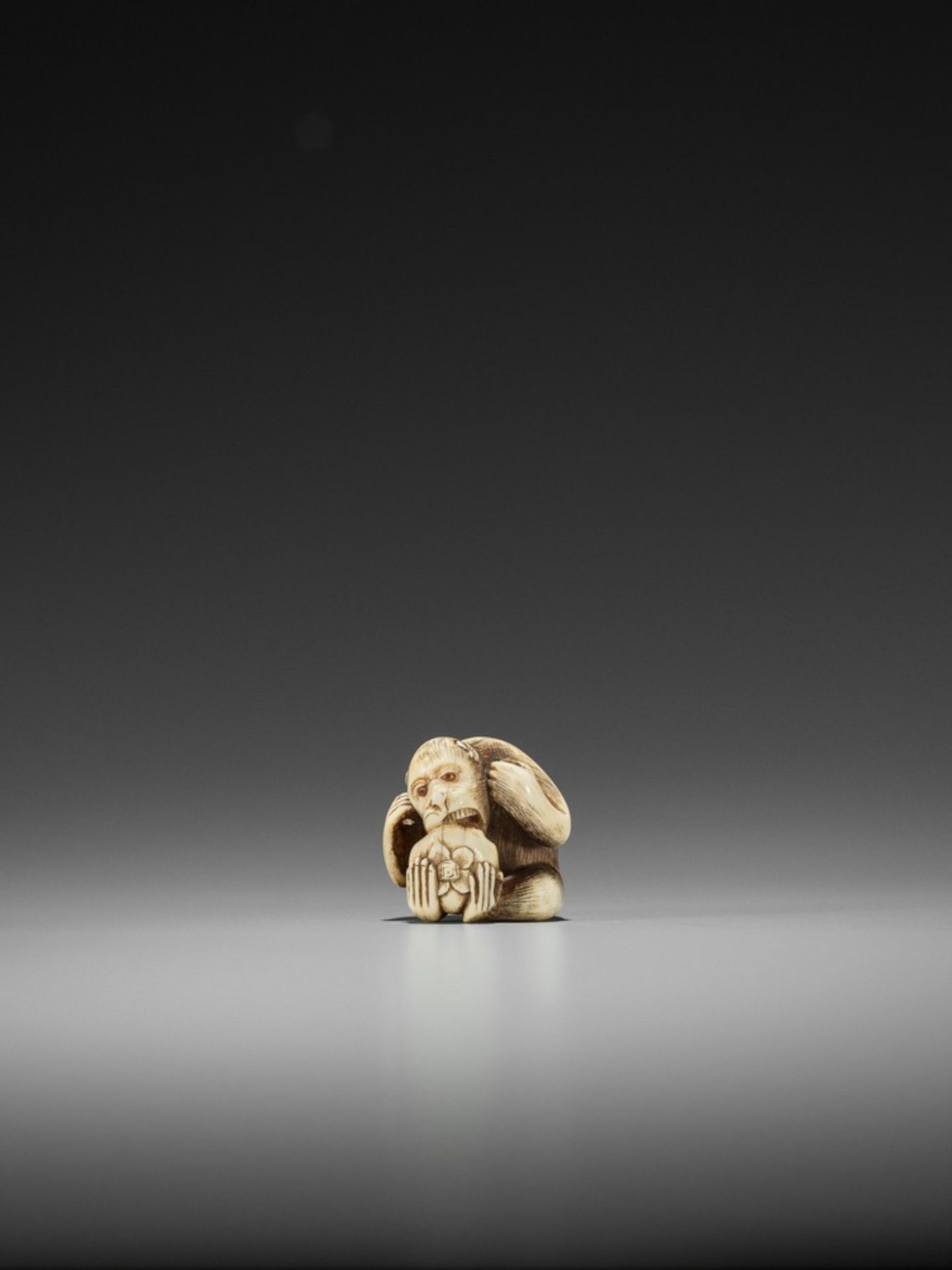 RANMEI: AN IVORY NETSUKE OF A MONKEY WITH PERSIMMON By Ranmei, signed Ranmei 蘭明Japan, Kyoto, 19th