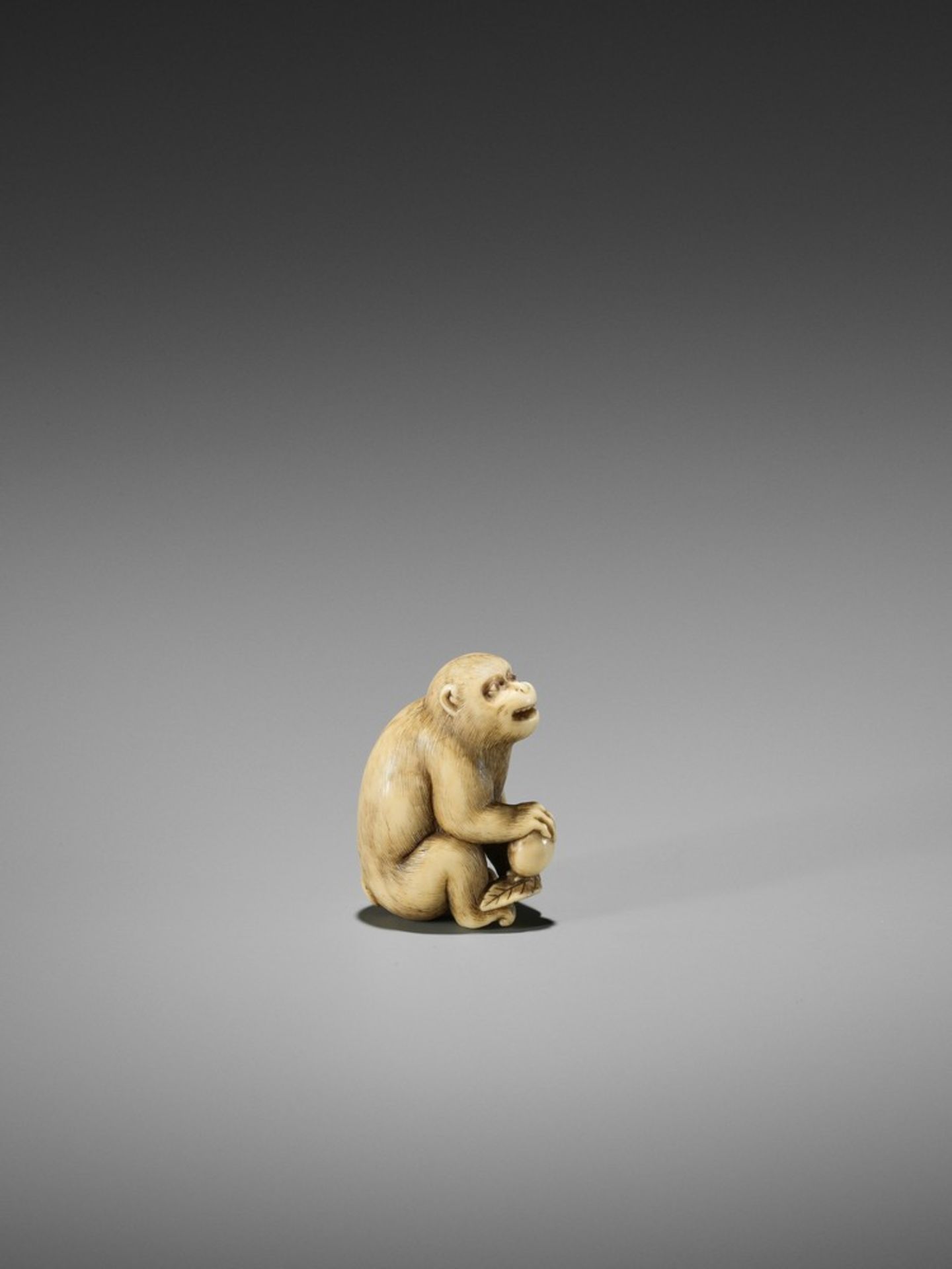 OKATORI: A FINE IVORY NETSUKE OF A MONKEY WITH A PEACH By Okatori, signed Okatori 岡隹Japan, Kyoto, - Bild 2 aus 10