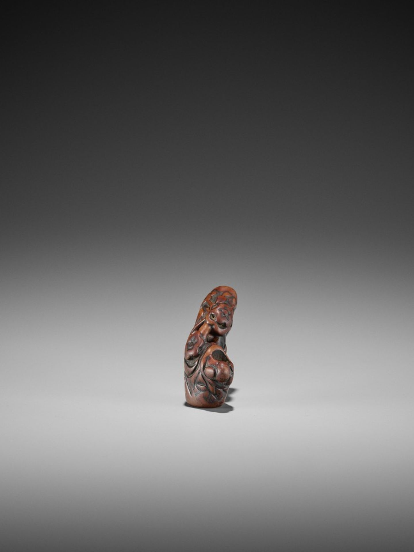 AN OLD WORN WOOD NETSUKE OF BIRDS AND MONKEYS IN A PLUM TREE UnsignedJapan, 18th century, Edo period - Bild 9 aus 12