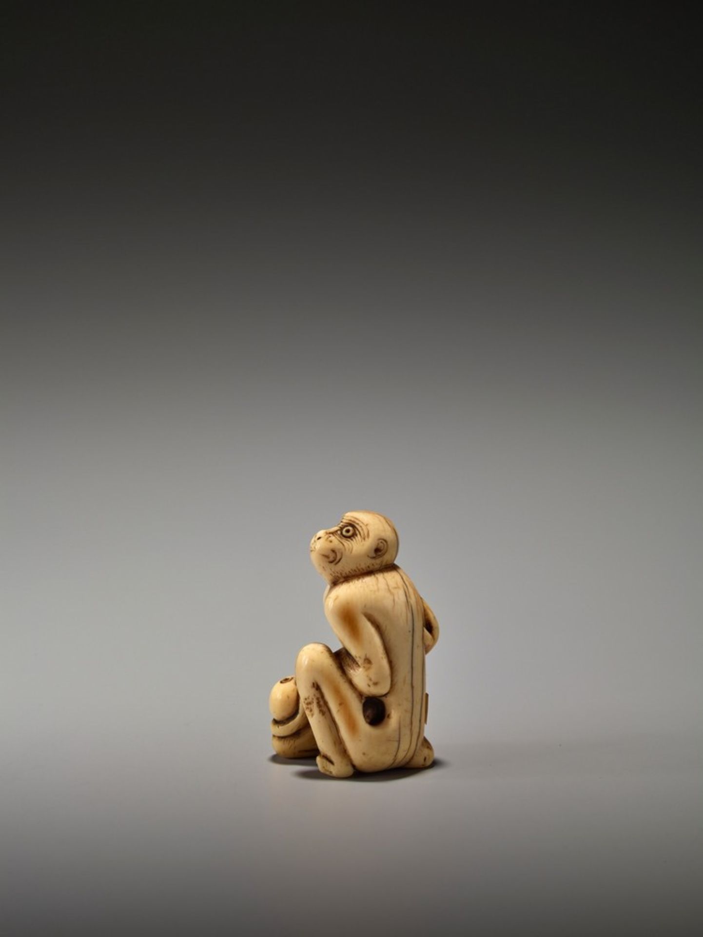 A RARE AND EARLY IVORY NETSUKE OF A MONKEY WITH YOUNG UnsignedJapan, 18th century, Edo period ( - Bild 3 aus 9