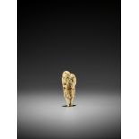 YOSHINAGA: A SUPERB AND RARE IVORY NETSUKE OF A BUCKET SELLER By Yoshinaga, signed Yoshinaga