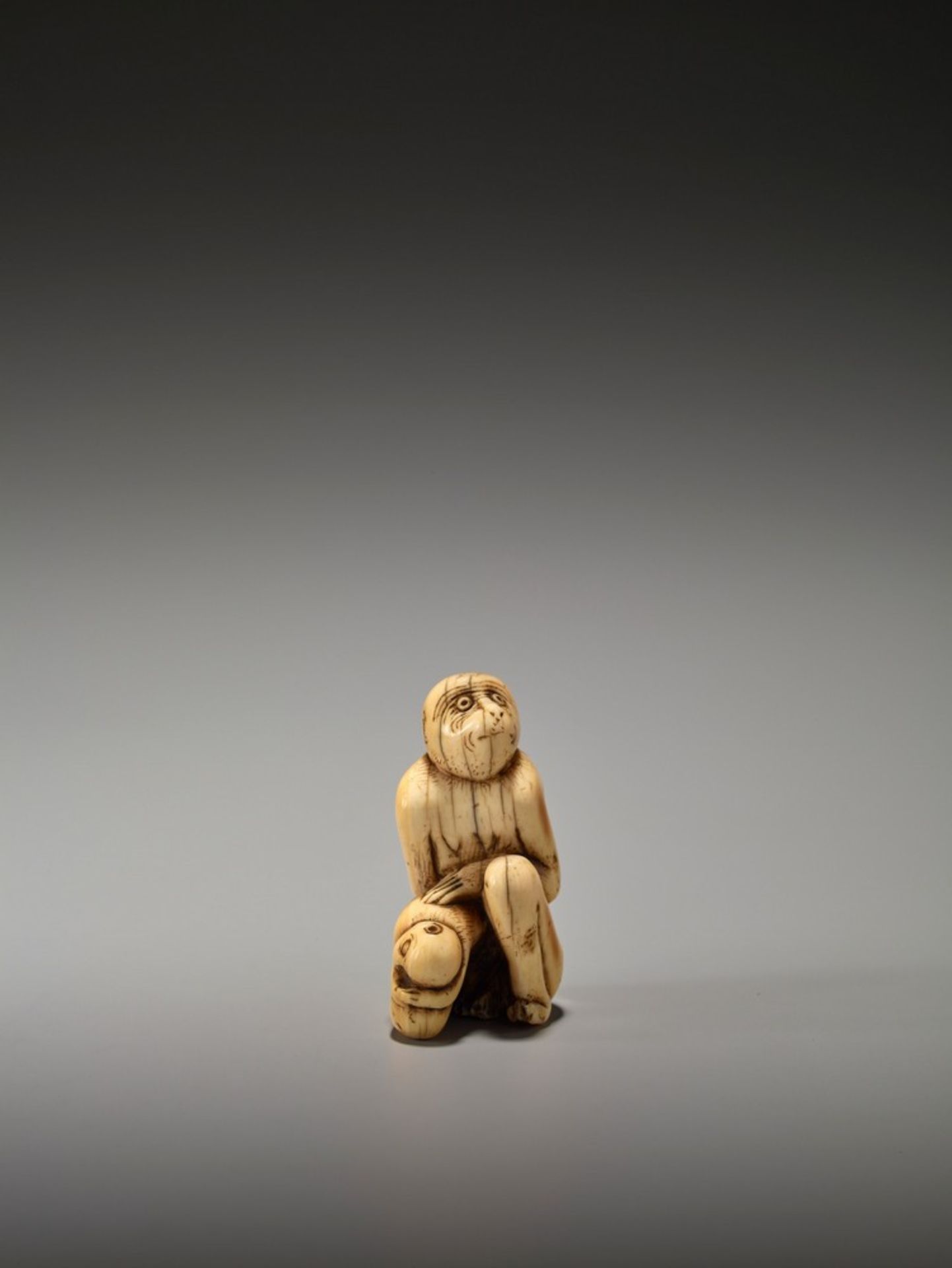 A RARE AND EARLY IVORY NETSUKE OF A MONKEY WITH YOUNG UnsignedJapan, 18th century, Edo period (