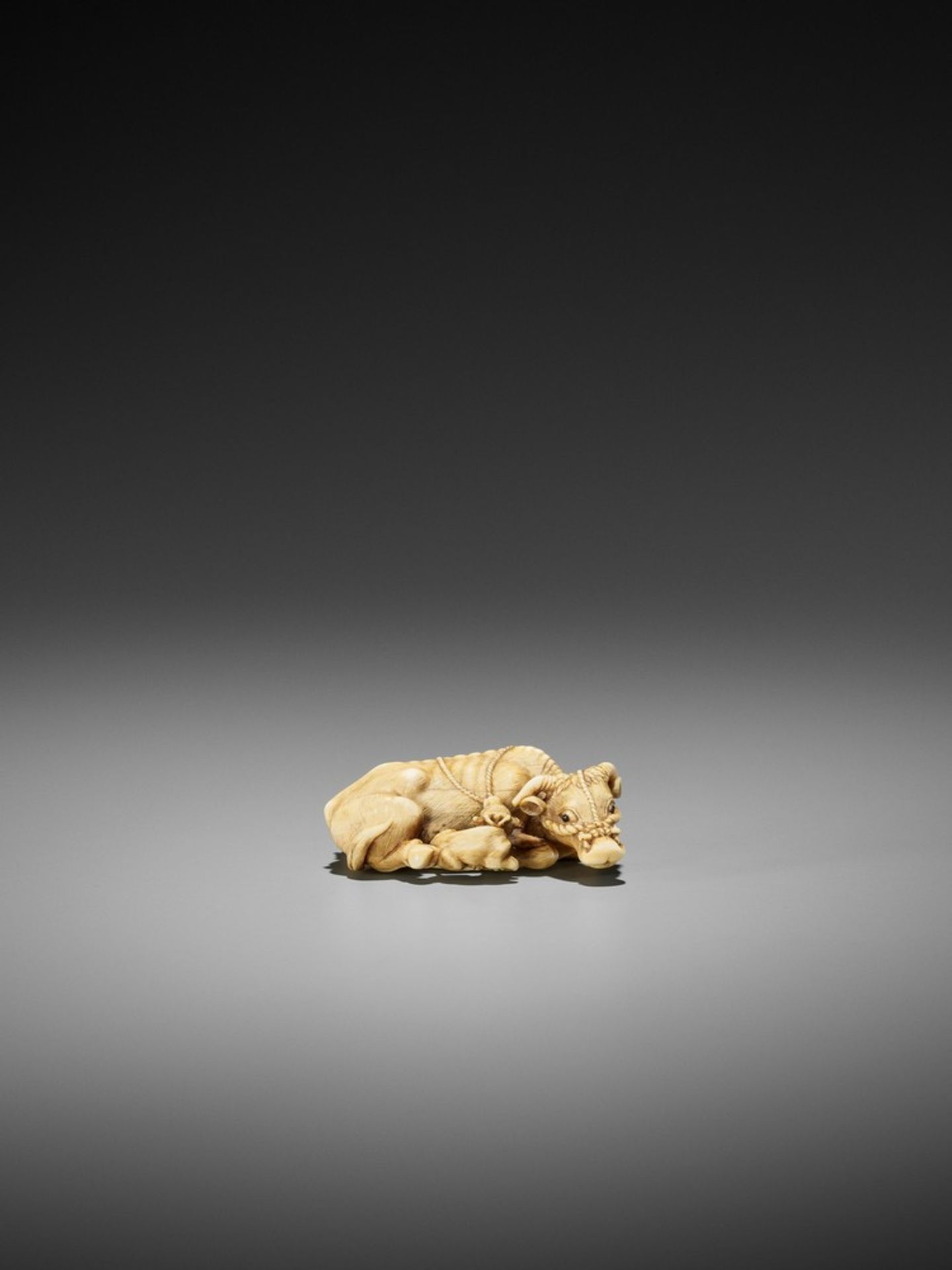 TOMOTADA: A RARE IVORY NETSUKE OF A RECUMBENT COW WITH TWO CALVES Signed Tomotada 友忠Japan, Kyoto, - Bild 2 aus 12