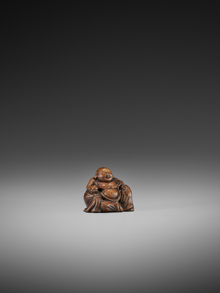 A RARE AND EARLY WOOD NETSUKE OF HOTEI UnsignedJapan, early to mid-18th century, Edo period (1615- - Image 9 of 12