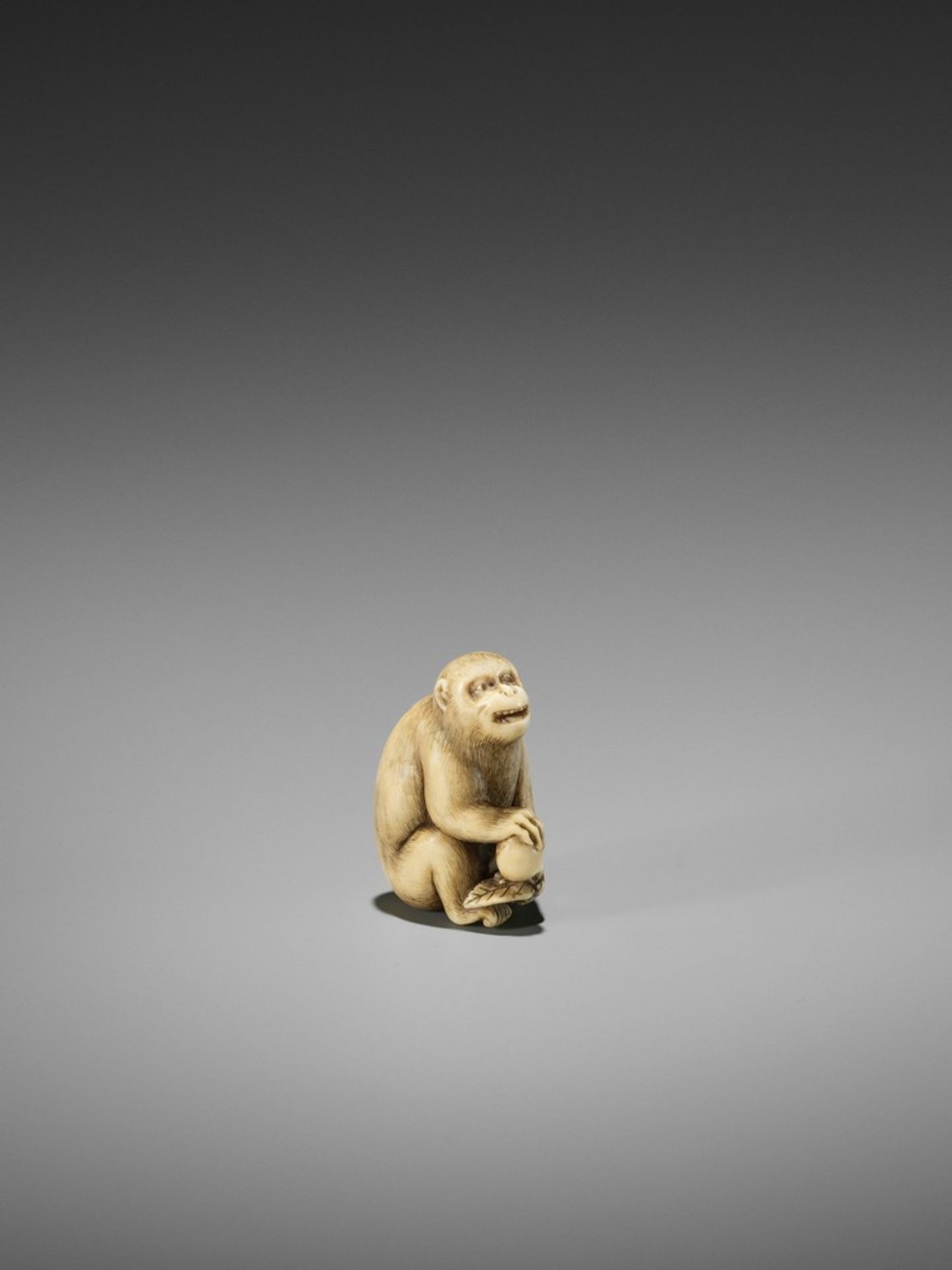 OKATORI: A FINE IVORY NETSUKE OF A MONKEY WITH A PEACH By Okatori, signed Okatori 岡隹Japan, Kyoto, - Bild 7 aus 10