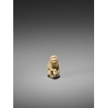 OKATORI: A FINE IVORY NETSUKE OF A MONKEY WITH A PEACH By Okatori, signed Okatori 岡隹Japan, Kyoto,