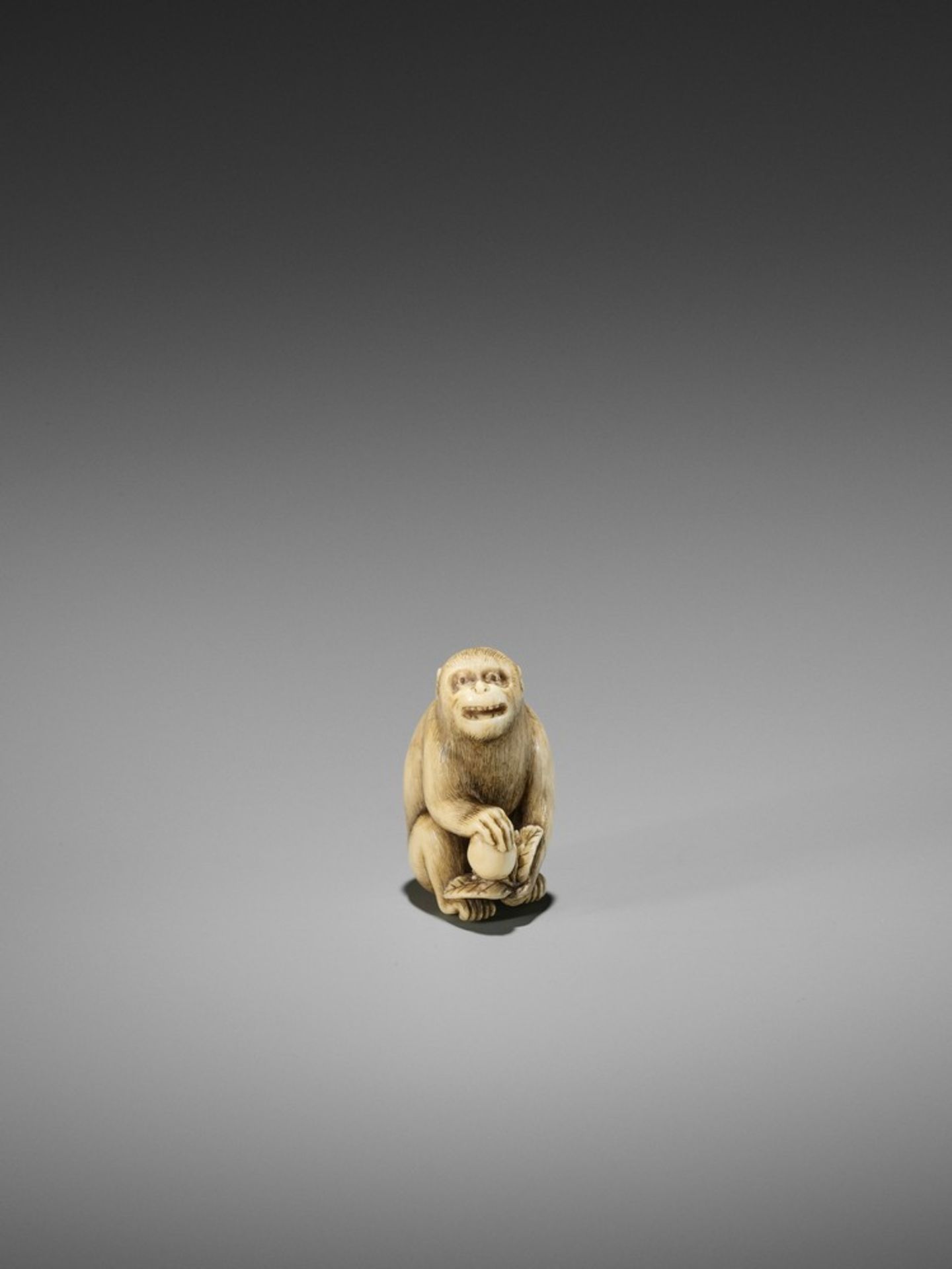 OKATORI: A FINE IVORY NETSUKE OF A MONKEY WITH A PEACH By Okatori, signed Okatori 岡隹Japan, Kyoto,