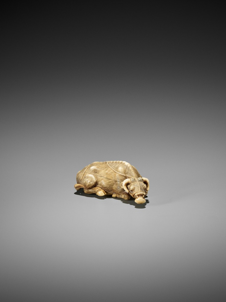 TOMOTADA: A FINE IVORY NETSUKE OF A RECUMBENT COW Signed Tomotada 友忠Japan, Kyoto, late 18th to early - Image 3 of 10