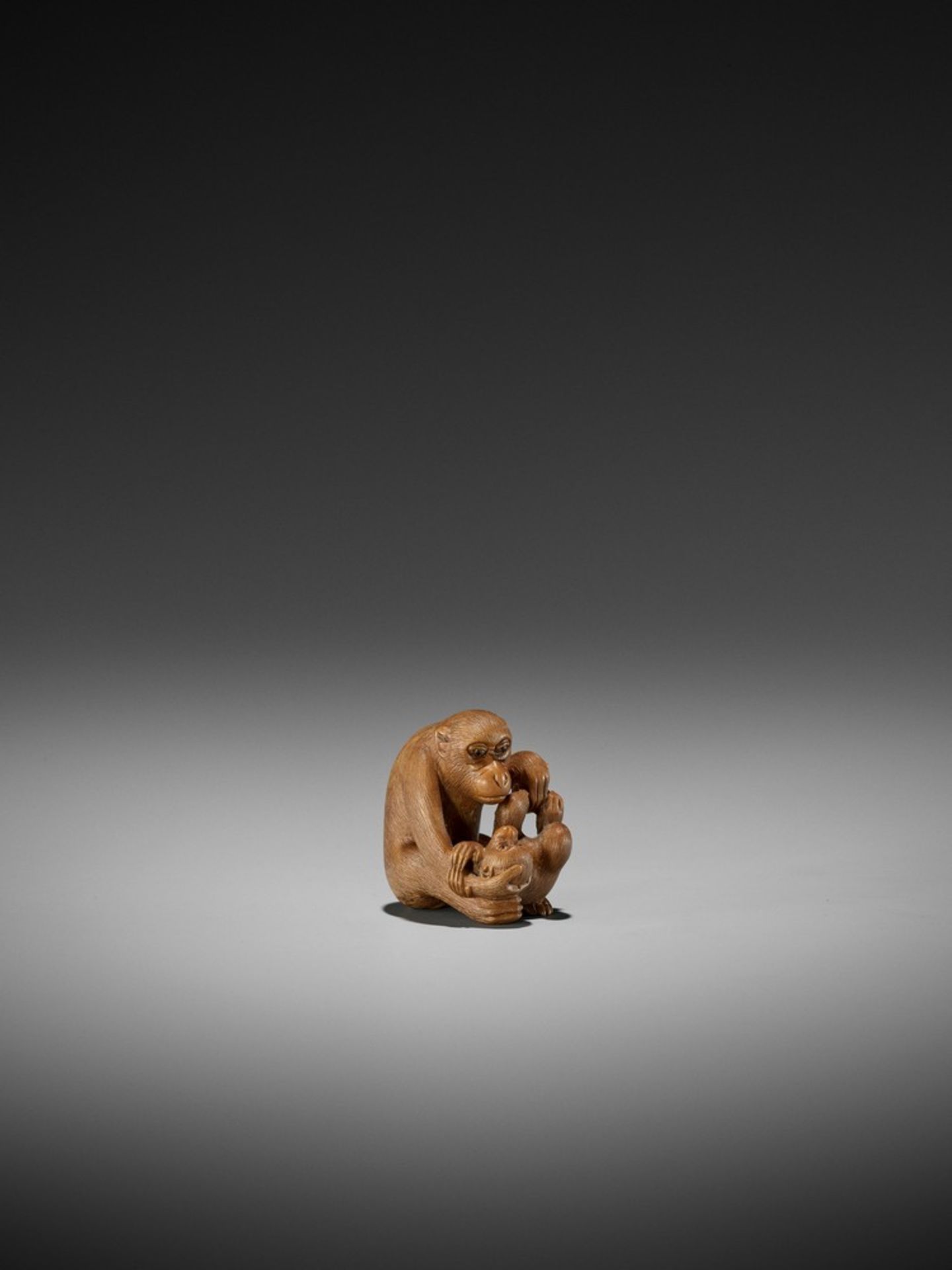 IKKO: A FINE WOOD NETSUKE OF A MONKEY WITH YOUNG By Ikko, signed Ikko 一光Japan, Nagoya, late 19th - Bild 4 aus 12