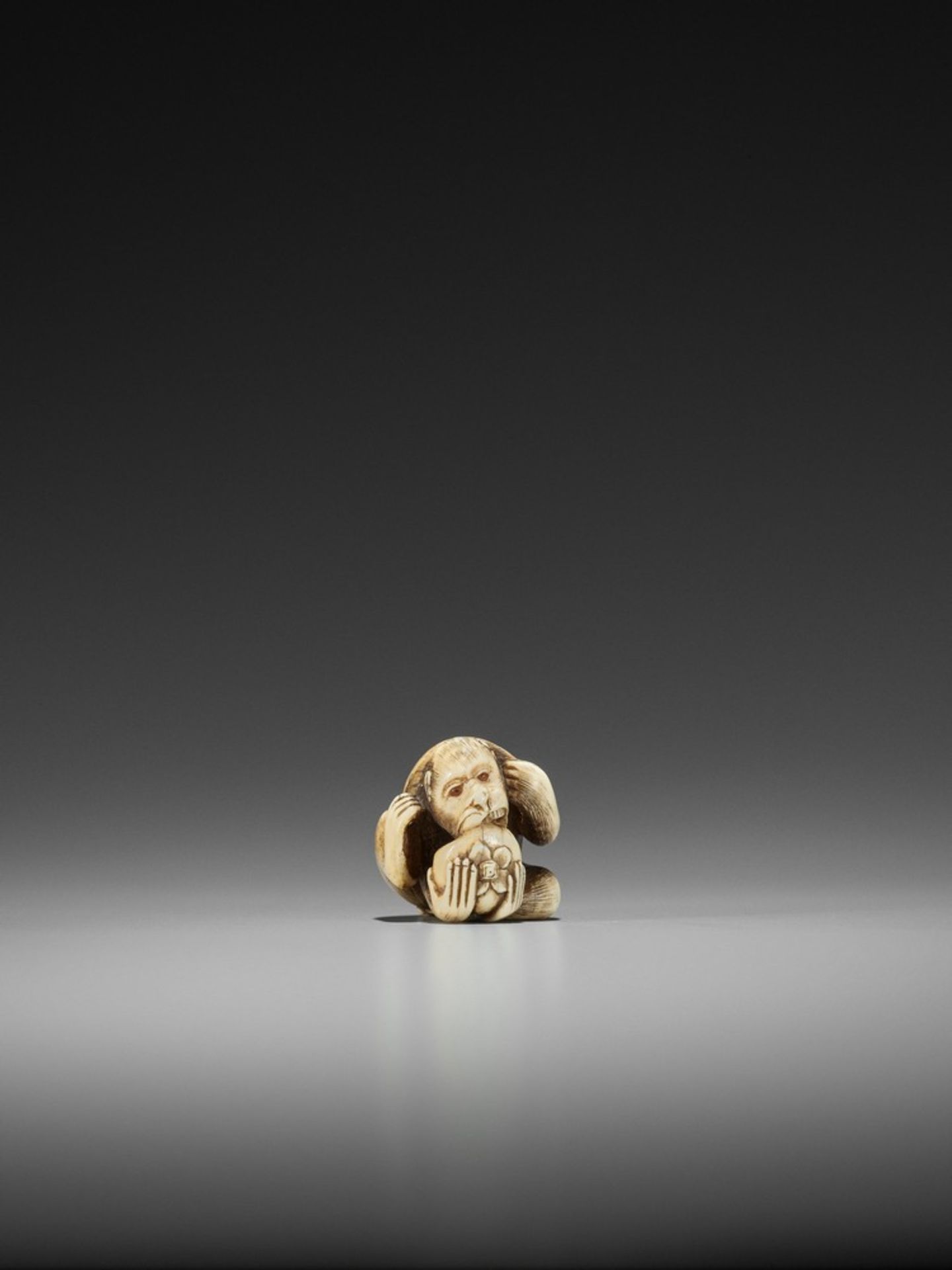 RANMEI: AN IVORY NETSUKE OF A MONKEY WITH PERSIMMON By Ranmei, signed Ranmei 蘭明Japan, Kyoto, 19th - Bild 2 aus 9