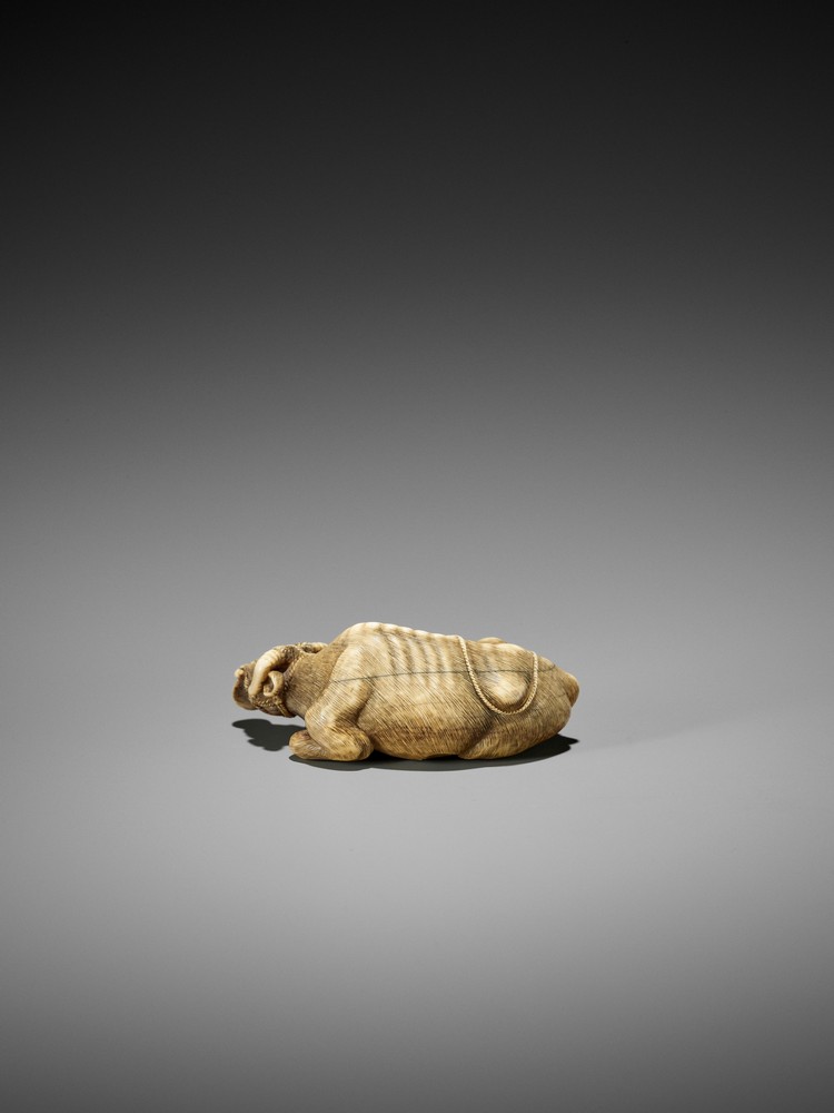 TOMOTADA: A FINE IVORY NETSUKE OF A RECUMBENT COW Signed Tomotada 友忠Japan, Kyoto, late 18th to early - Image 6 of 10