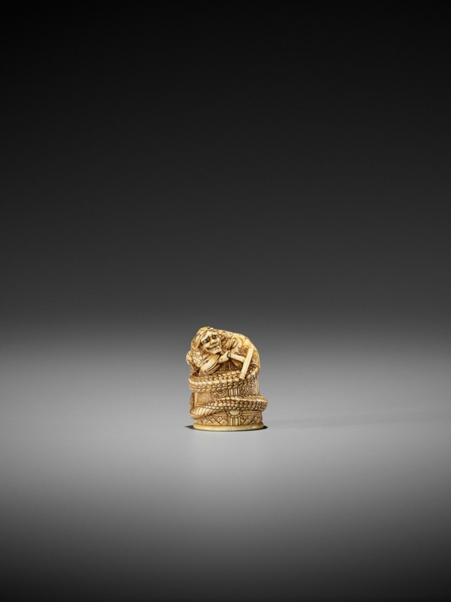 HIDEMASA: A FINE IVORY NETSUKE OF KIYOHIME By Hidemasa, signed Hidemasa 秀正 and kakihanJapan,