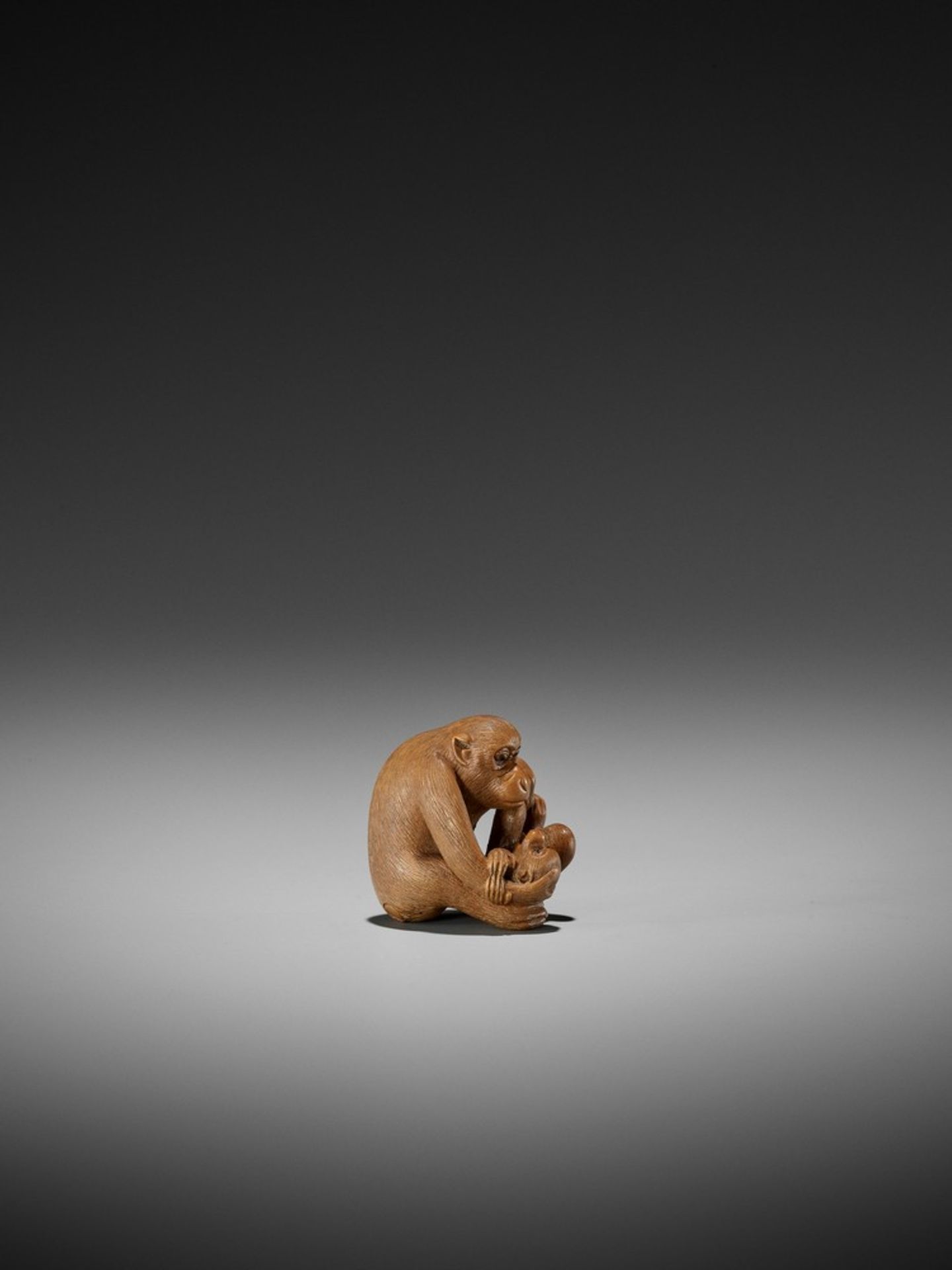 IKKO: A FINE WOOD NETSUKE OF A MONKEY WITH YOUNG By Ikko, signed Ikko 一光Japan, Nagoya, late 19th - Bild 9 aus 12