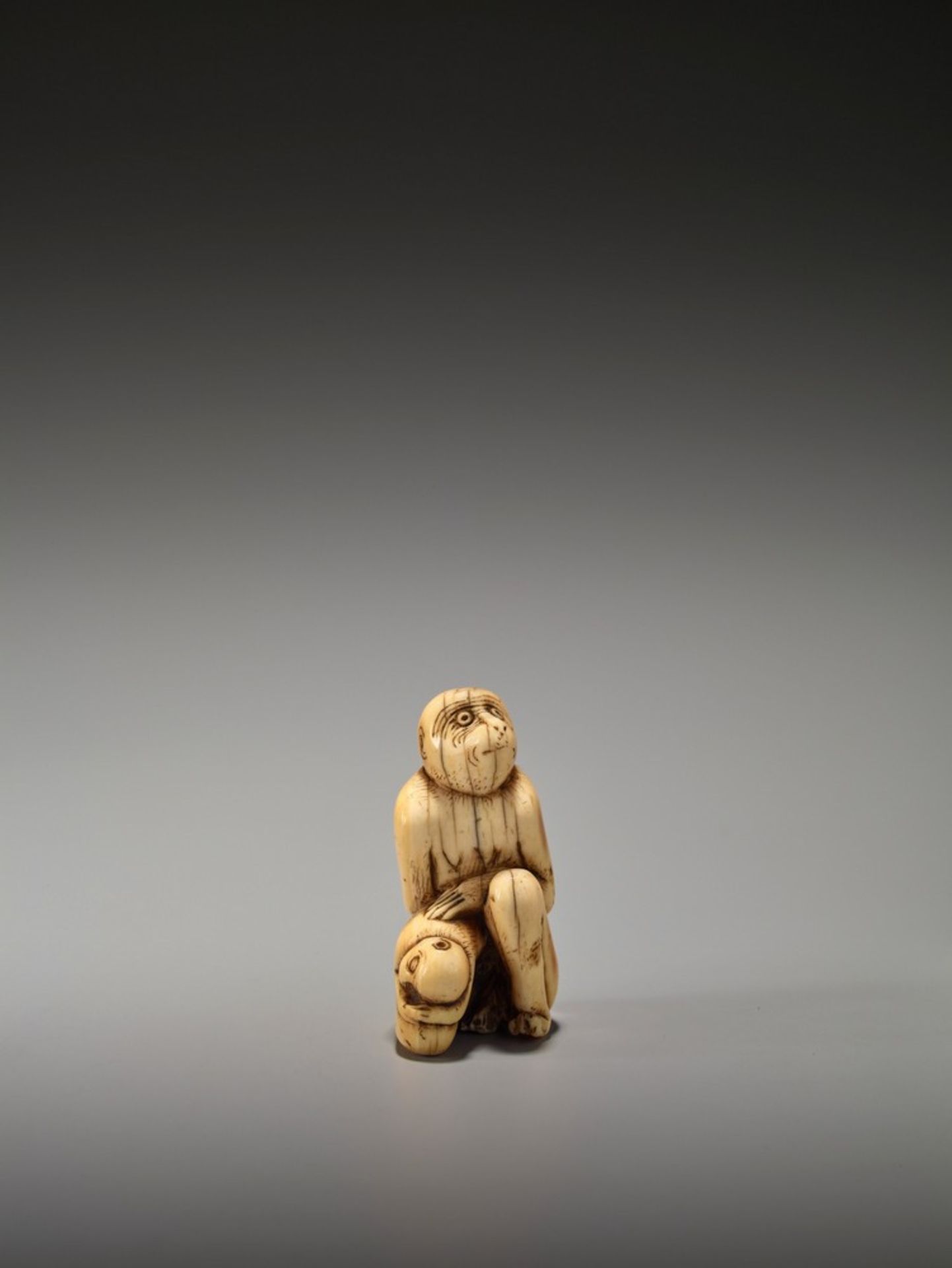 A RARE AND EARLY IVORY NETSUKE OF A MONKEY WITH YOUNG UnsignedJapan, 18th century, Edo period ( - Bild 6 aus 9