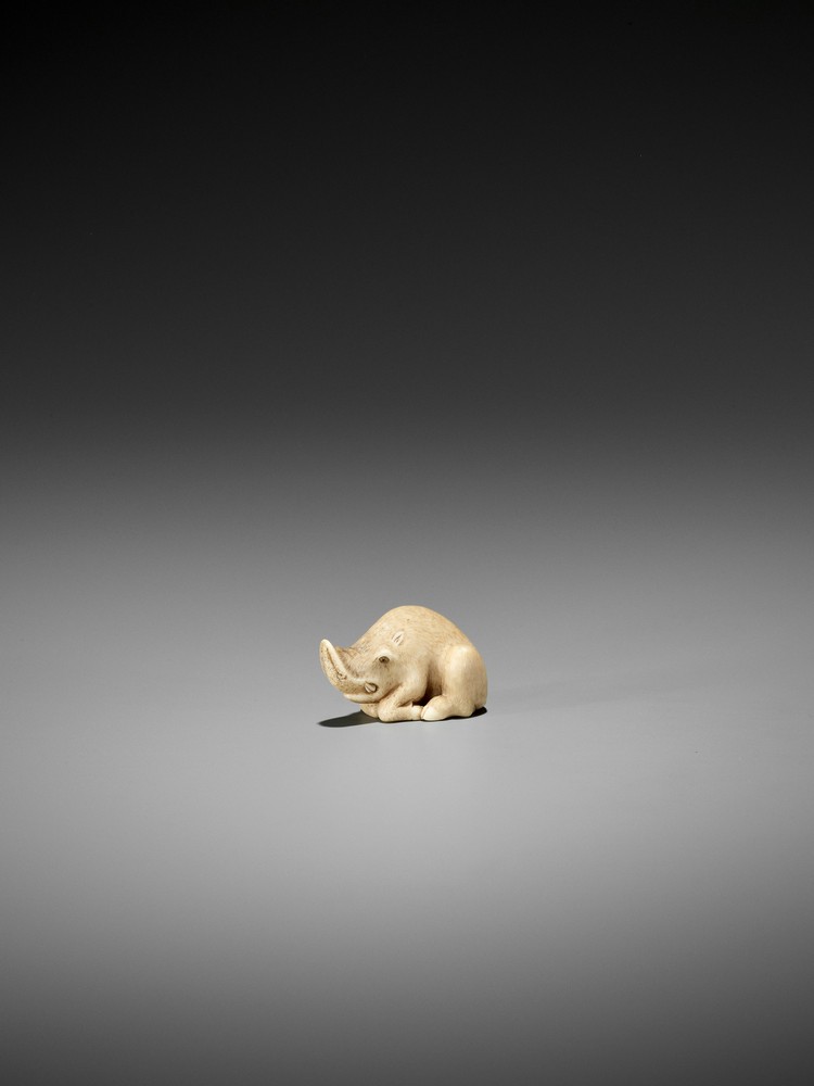 RANICHI: AN EXQUISITE IVORY NETSUKE OF A RECUMBENT BOAR By Ranichi, signed Ranichi 蘭一Japan, Kyoto,