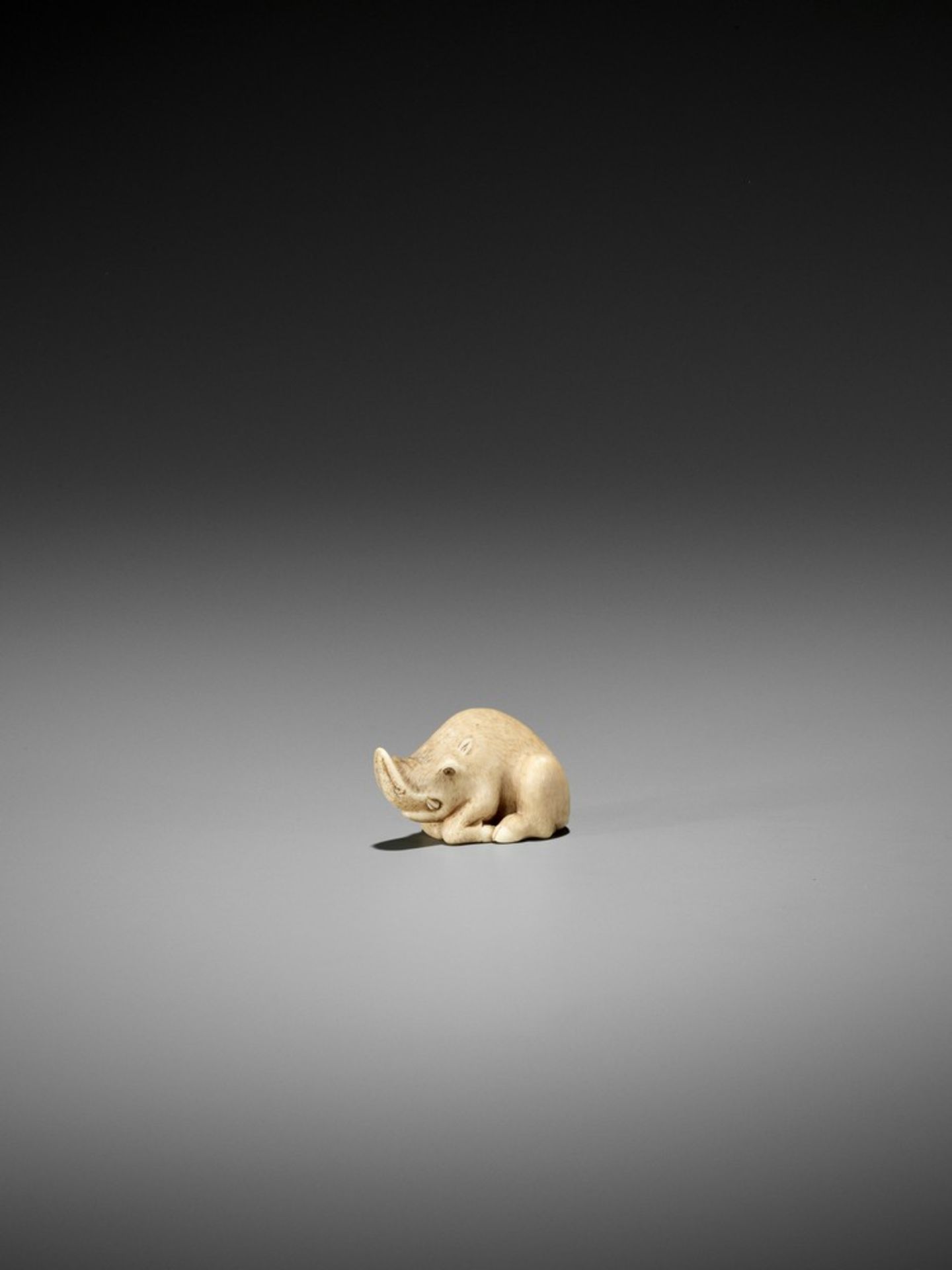 RANICHI: AN EXQUISITE IVORY NETSUKE OF A RECUMBENT BOAR By Ranichi, signed Ranichi 蘭一Japan, Kyoto,