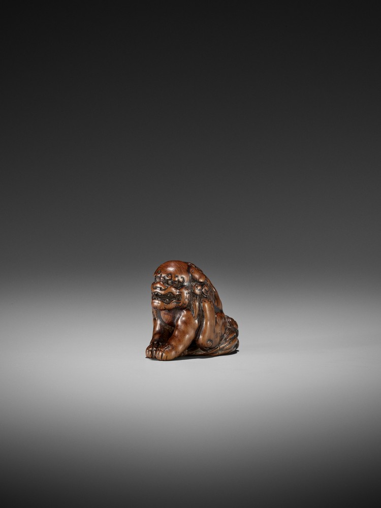 A WOOD NETSUKE OF A SHISHI ATTRIBUTED TO CHIKUYOSAI TOMOCHIKA I Attributed to Chikuyosai Tomochika - Image 8 of 11