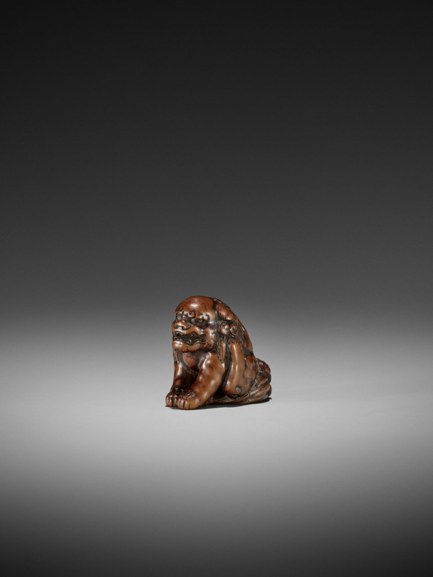 A WOOD NETSUKE OF A SHISHI ATTRIBUTED TO CHIKUYOSAI TOMOCHIKA I Attributed to Chikuyosai Tomochika - Bild 8 aus 11