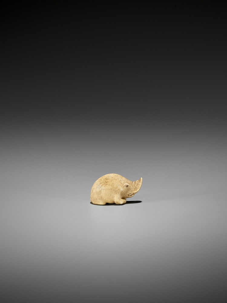 RANICHI: AN EXQUISITE IVORY NETSUKE OF A RECUMBENT BOAR By Ranichi, signed Ranichi 蘭一Japan, Kyoto, - Image 6 of 10