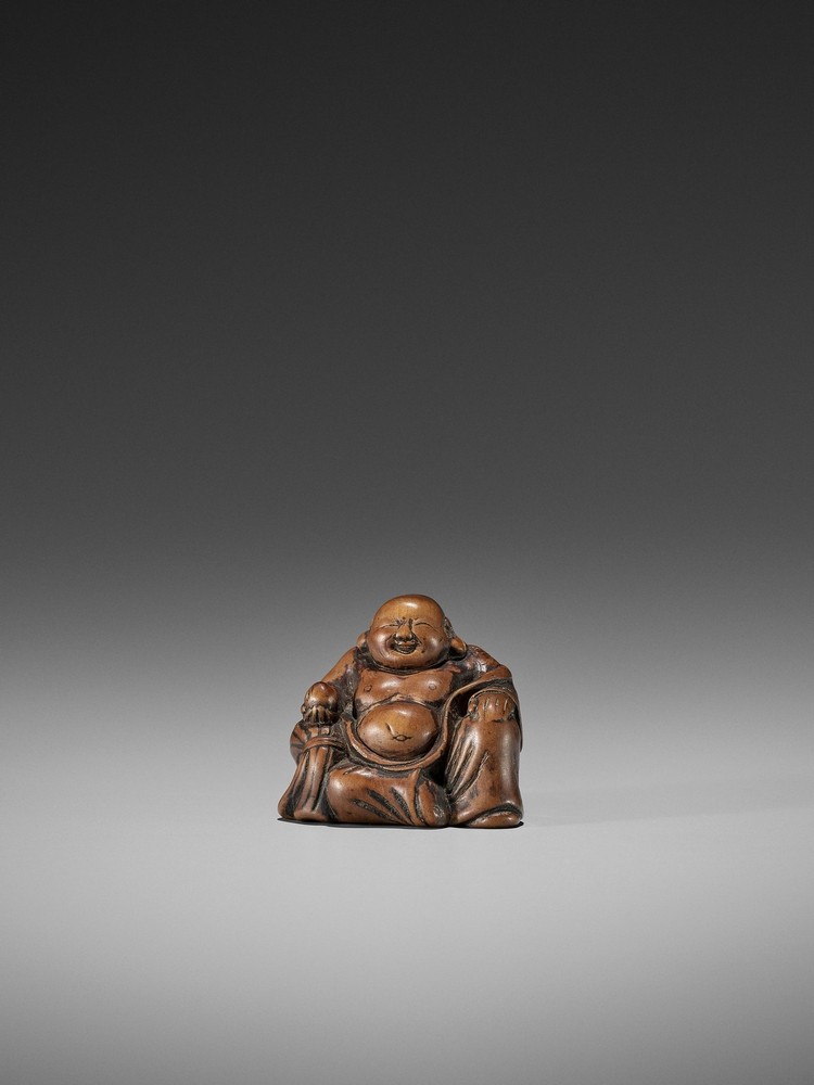 A RARE AND EARLY WOOD NETSUKE OF HOTEI UnsignedJapan, early to mid-18th century, Edo period (1615-