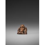 A RARE AND EARLY WOOD NETSUKE OF HOTEI UnsignedJapan, early to mid-18th century, Edo period (1615-
