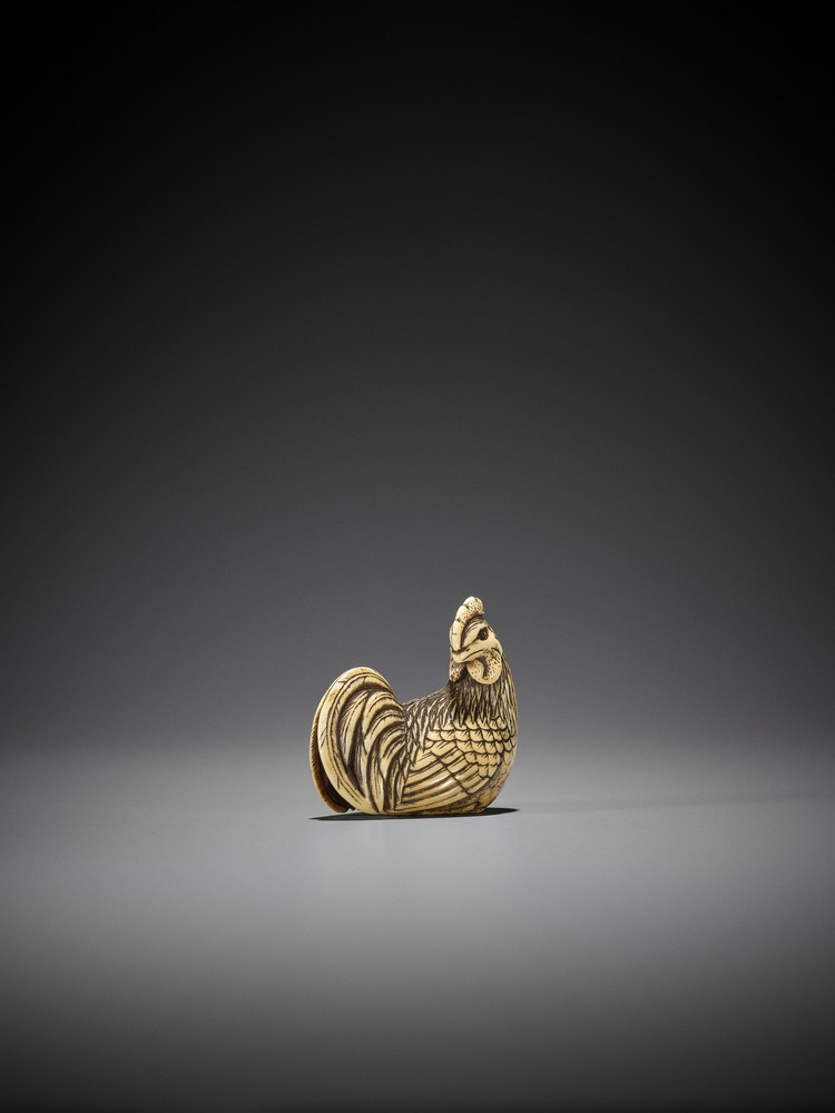 OKAKOTO: A FINE IVORY NETSUKE OF A COCKEREL By Yamaguchi Okakoto, signed Okakoto 岡言Japan, Kyoto, - Image 8 of 12