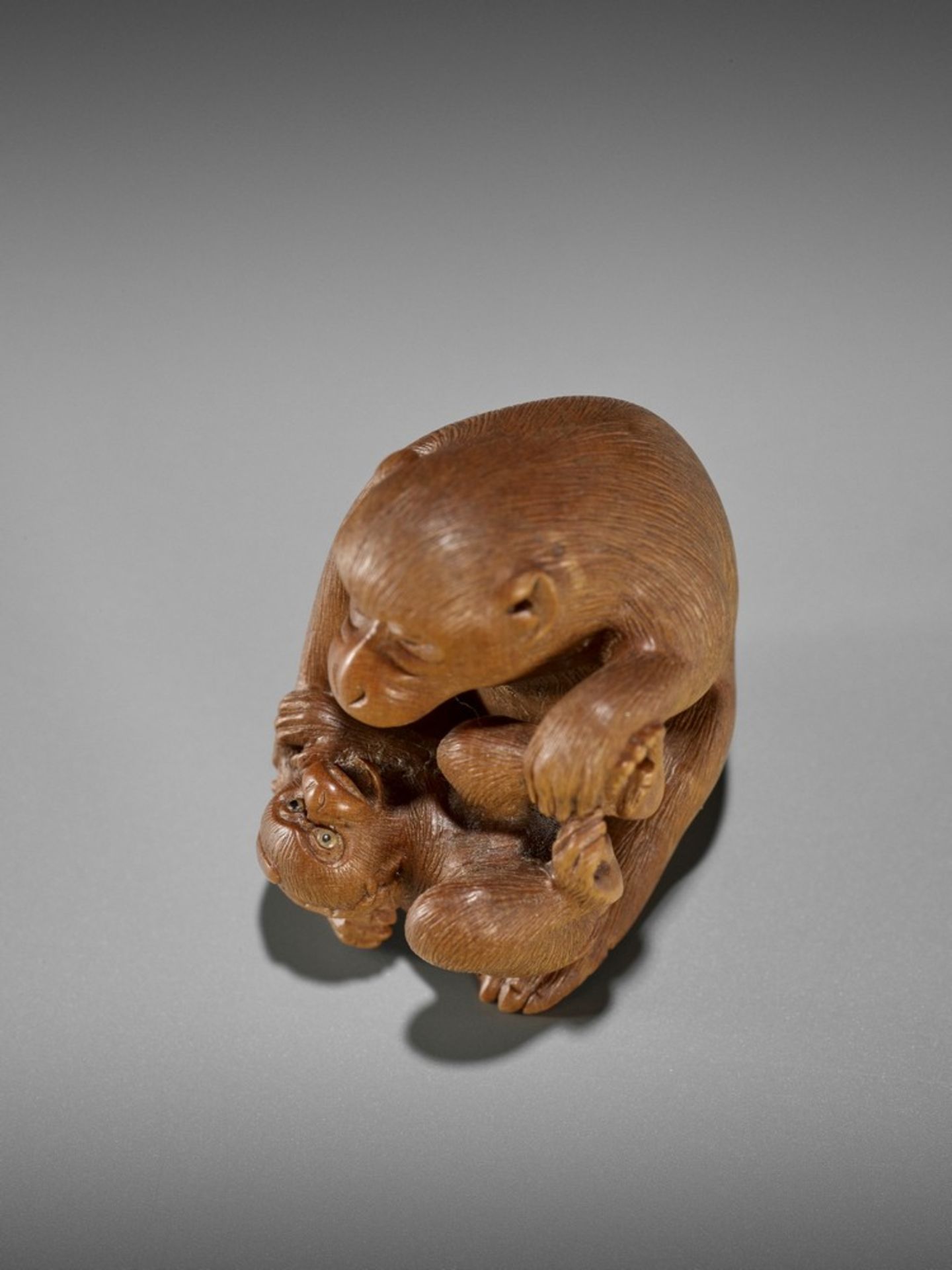 IKKO: A FINE WOOD NETSUKE OF A MONKEY WITH YOUNG By Ikko, signed Ikko 一光Japan, Nagoya, late 19th - Bild 2 aus 12