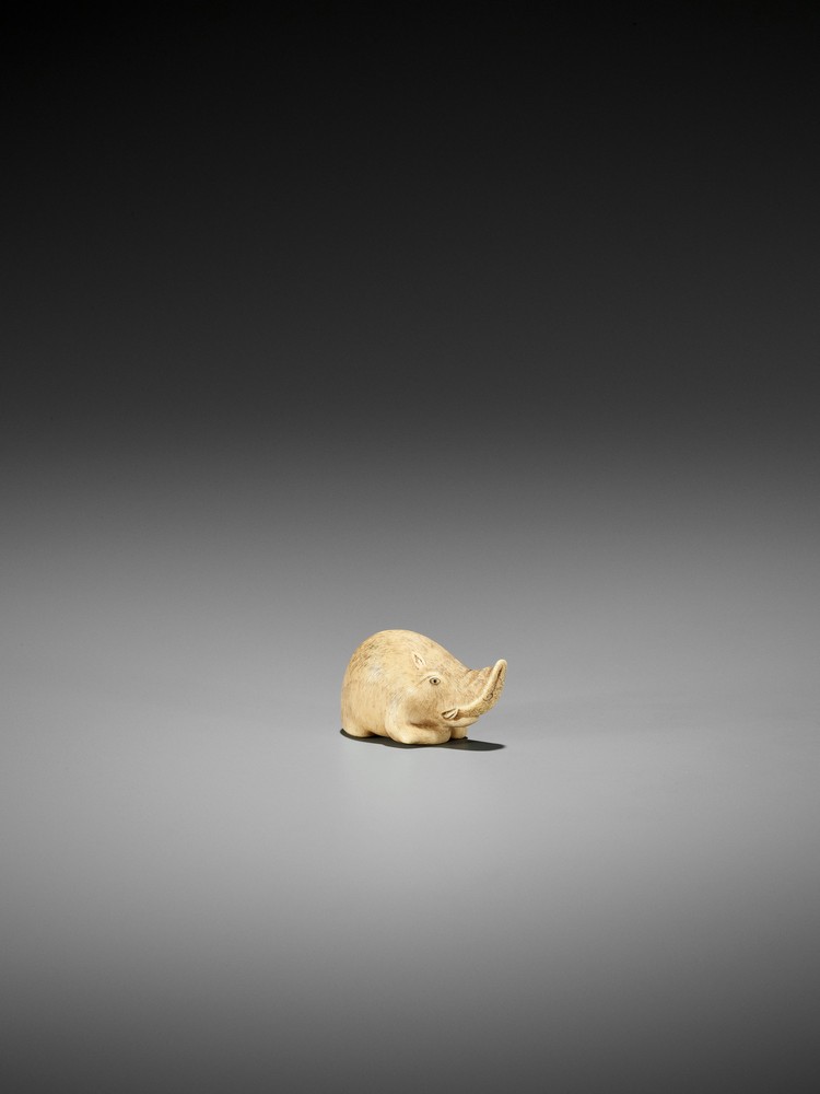 RANICHI: AN EXQUISITE IVORY NETSUKE OF A RECUMBENT BOAR By Ranichi, signed Ranichi 蘭一Japan, Kyoto, - Image 7 of 10