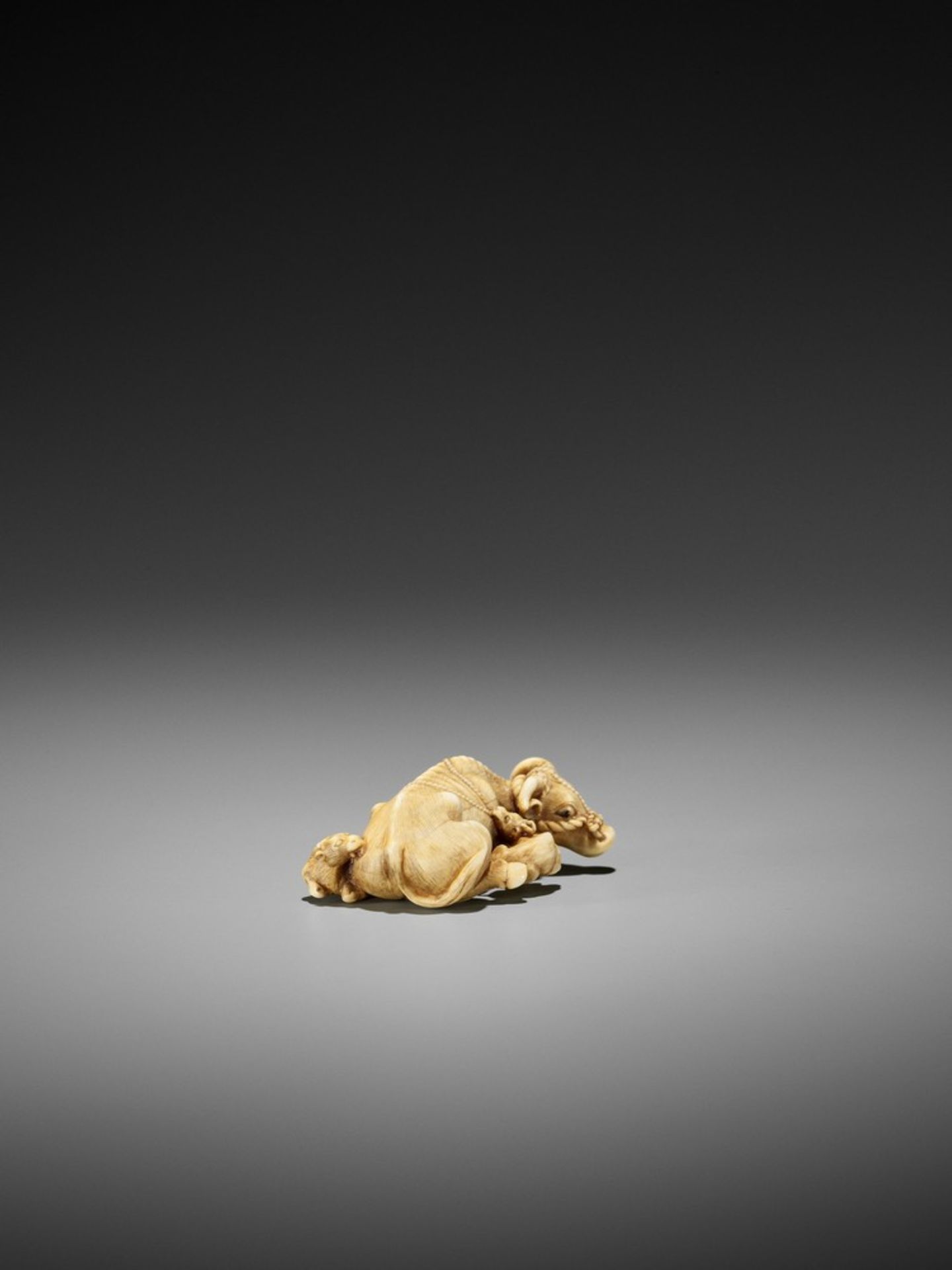 TOMOTADA: A RARE IVORY NETSUKE OF A RECUMBENT COW WITH TWO CALVES Signed Tomotada 友忠Japan, Kyoto, - Bild 10 aus 12