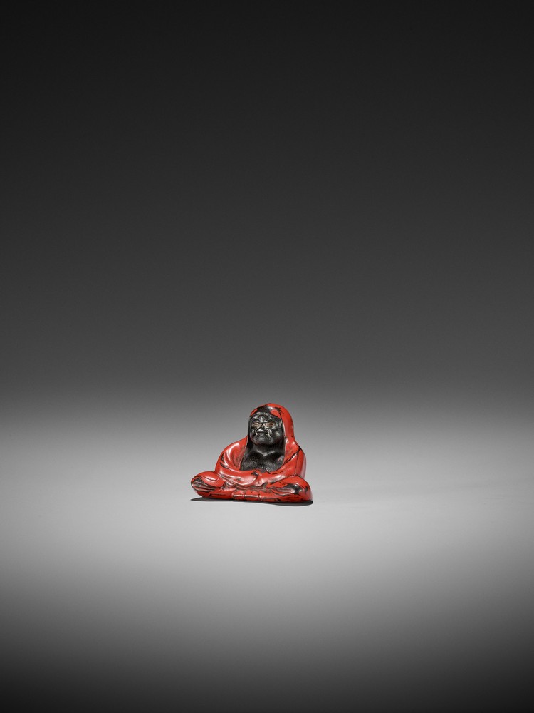 A RARE LACQUERED DARK WOOD NETSUKE OF DARUMA UnsignedJapan, second half of 19th centuryBodhidharma - Image 2 of 9