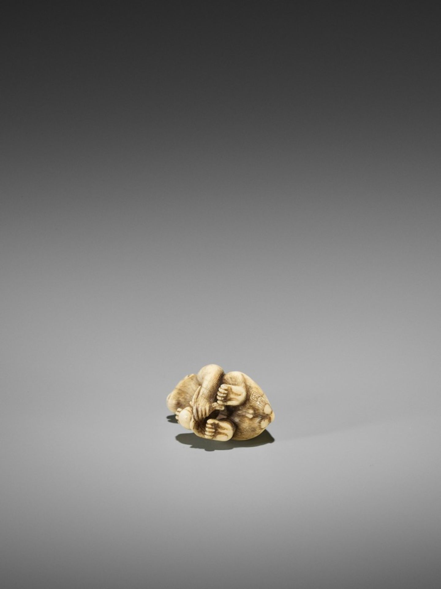 OKATORI: A FINE IVORY NETSUKE OF A MONKEY WITH A PEACH By Okatori, signed Okatori 岡隹Japan, Kyoto, - Bild 9 aus 10