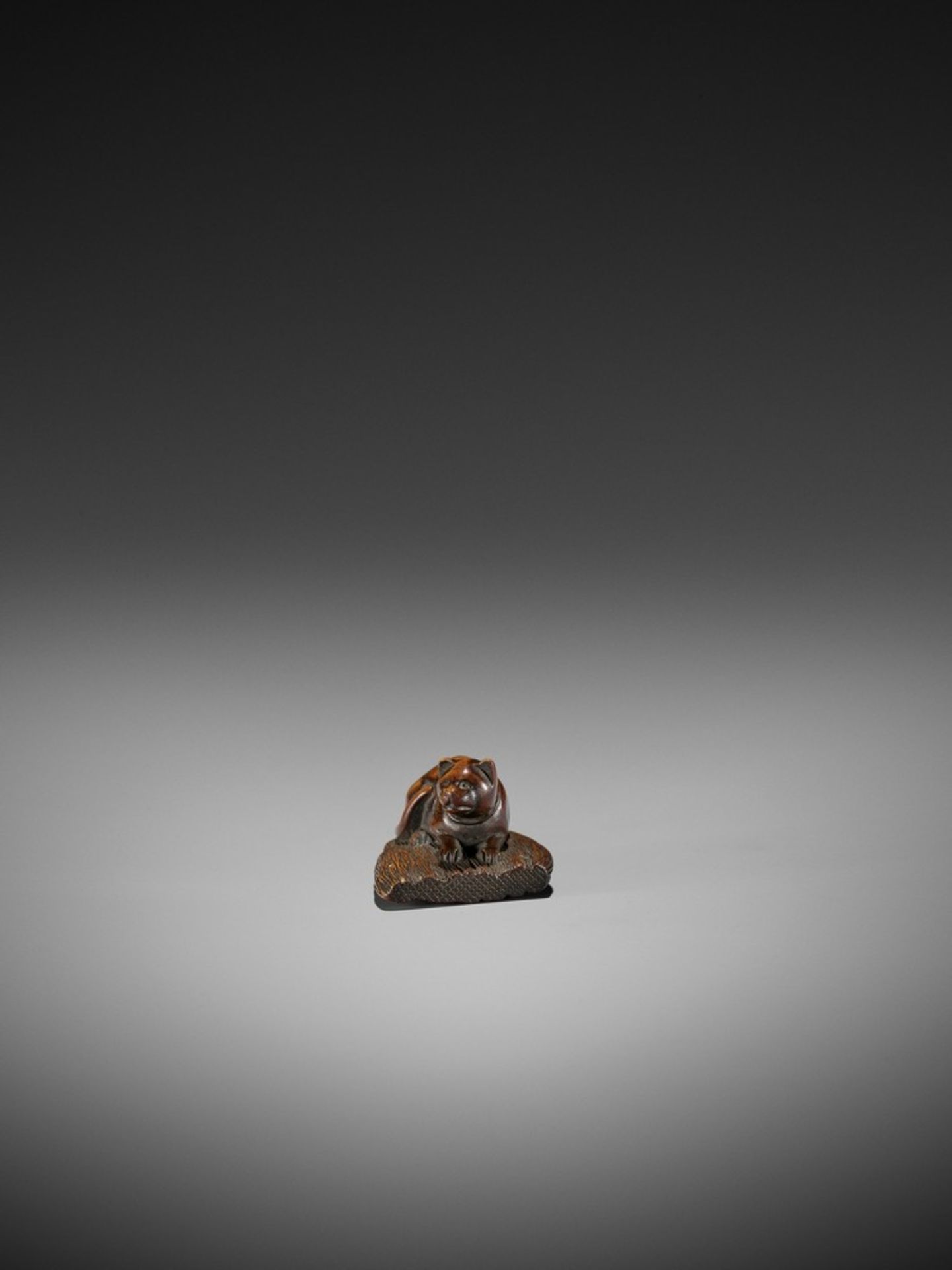 A WOOD NETSUKE OF A CAT ON A BROOM UnsignedJapan, early 19th century, Edo period (1615-1868)Finely - Bild 4 aus 7