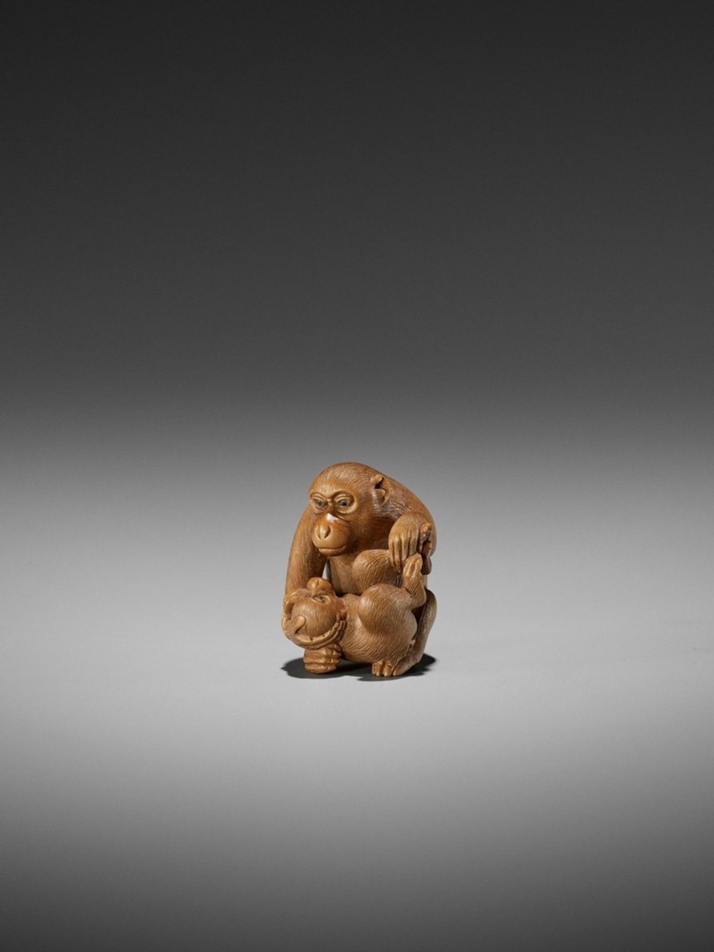 IKKO: A FINE WOOD NETSUKE OF A MONKEY WITH YOUNG By Ikko, signed Ikko 一光Japan, Nagoya, late 19th