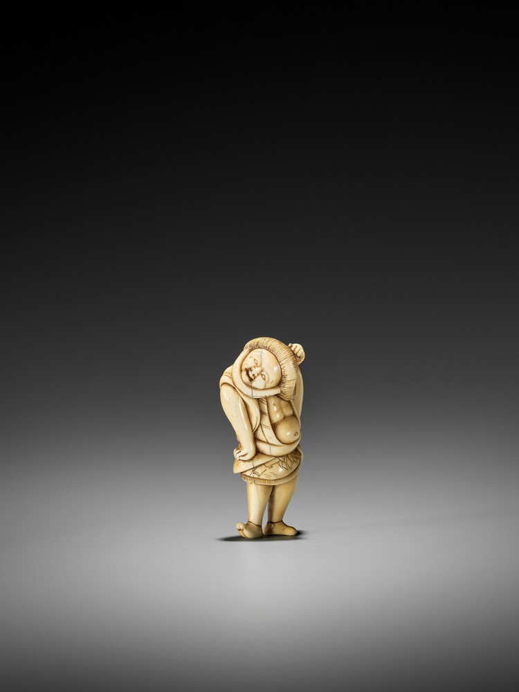 A RARE IVORY NETSUKE OF A DANCING KUMOSUKE (TOKAIDO ROAD PORTER) UnsignedJapan, late 18th century,