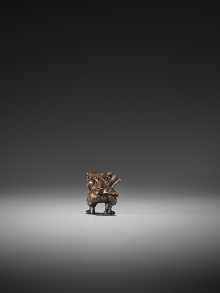 KOGYOKU: A FINE WOOD NETSUKE OF AN ONI STEALING SHOKI’S BELONGINGS By Kogyoku, signed Kogyoku - Image 5 of 8