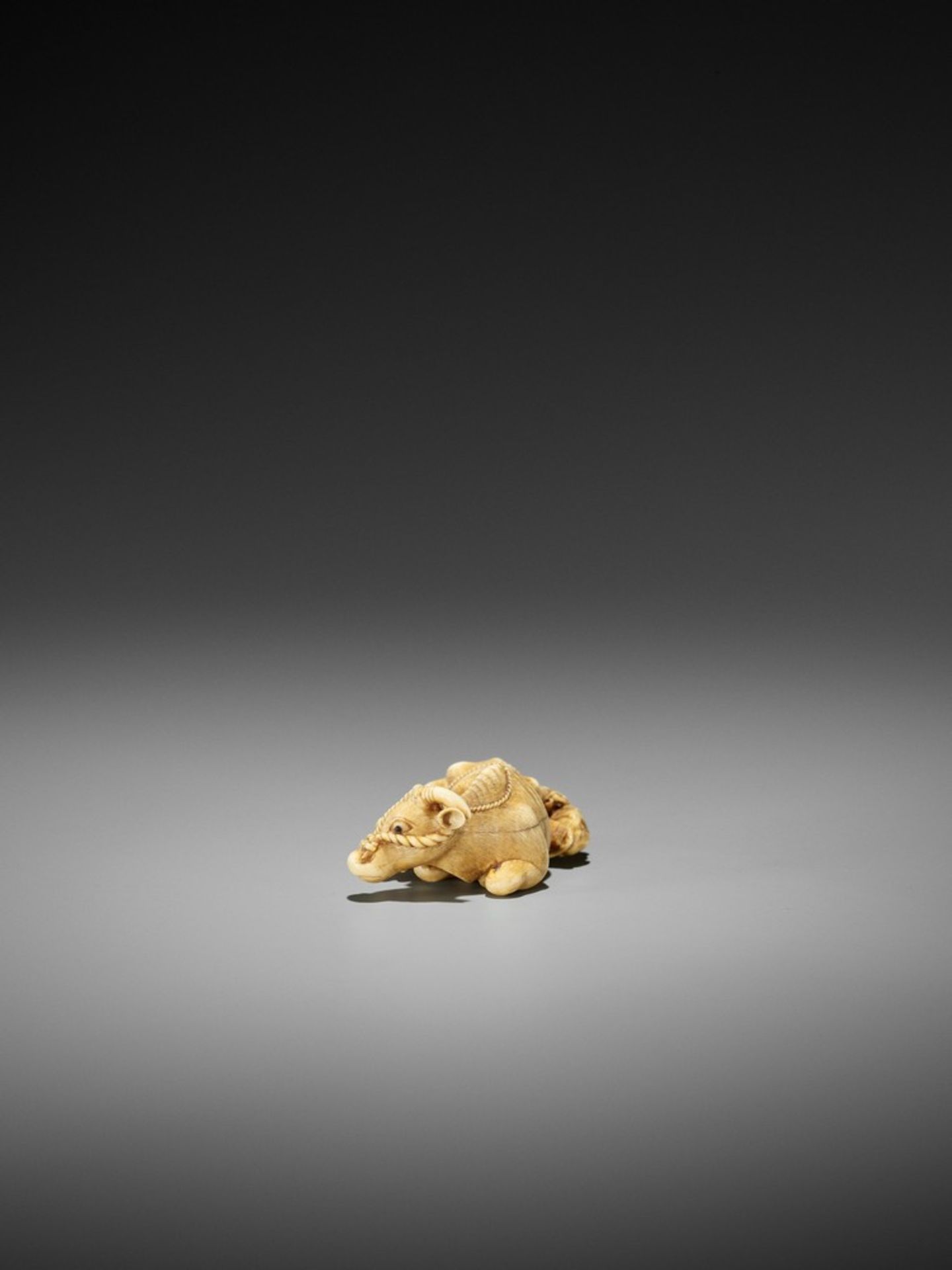 TOMOTADA: A RARE IVORY NETSUKE OF A RECUMBENT COW WITH TWO CALVES Signed Tomotada 友忠Japan, Kyoto, - Bild 7 aus 12