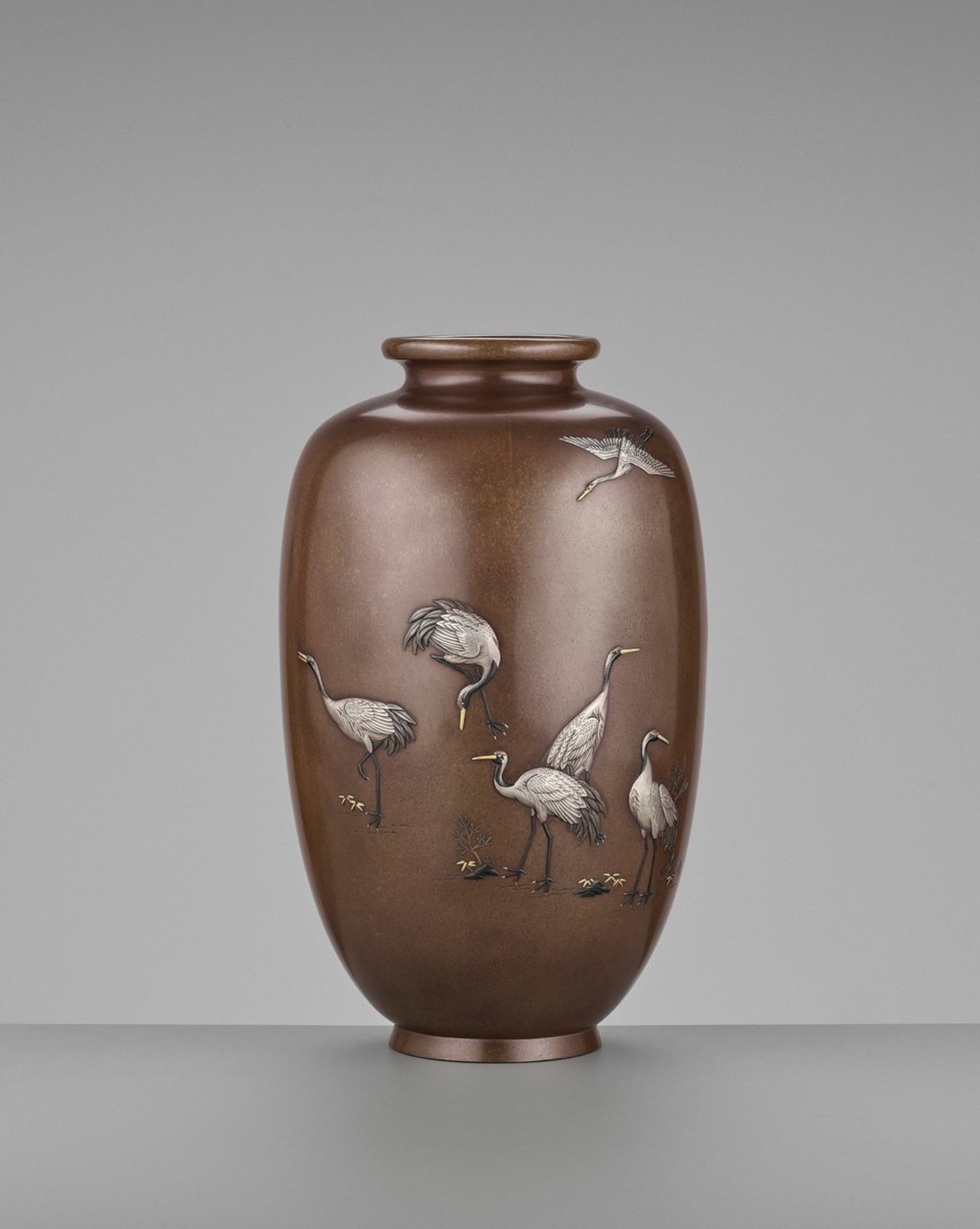 YAMAMOTO KOKEN: A FINE INLAID BRONZE VASE WITH CRANES By Yamamoto Koken, signed Koken (Yukinari)