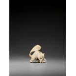 EIICHI: AN IVORY OKIMONO OF A SQUIRREL GNAWING AT GRAPES By Okada Kanejiro, signed EiichiJapan,